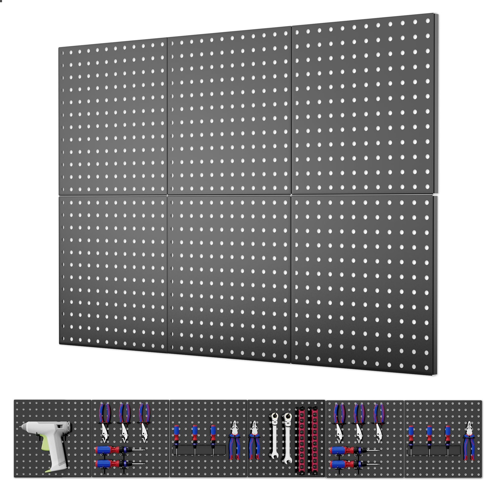 Metal Pegboard Panels 6 Pack 12×12 Inch Heavy Duty Black Wall Organizer