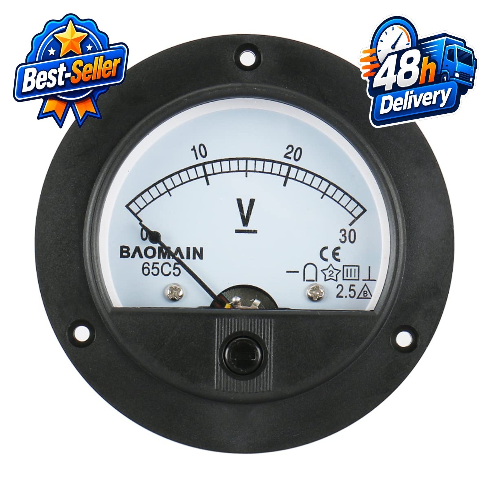 Baomain DC 30V Round Voltmeter Analog Panel Meter 65C5