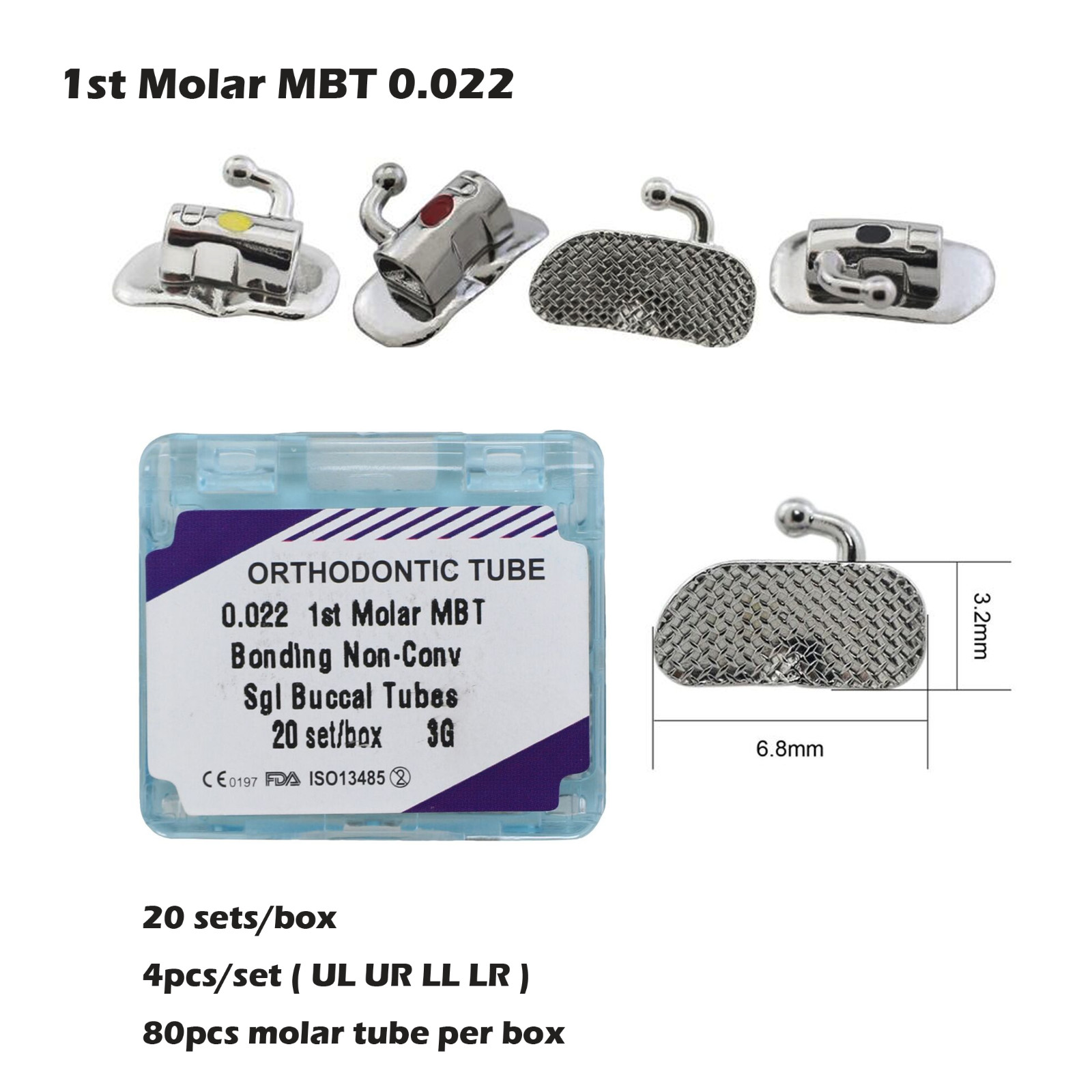 20 Sets Dental Orthodontic Buccal Tube 1st 2nd Molar Roth MBT 022 Bondable 3G