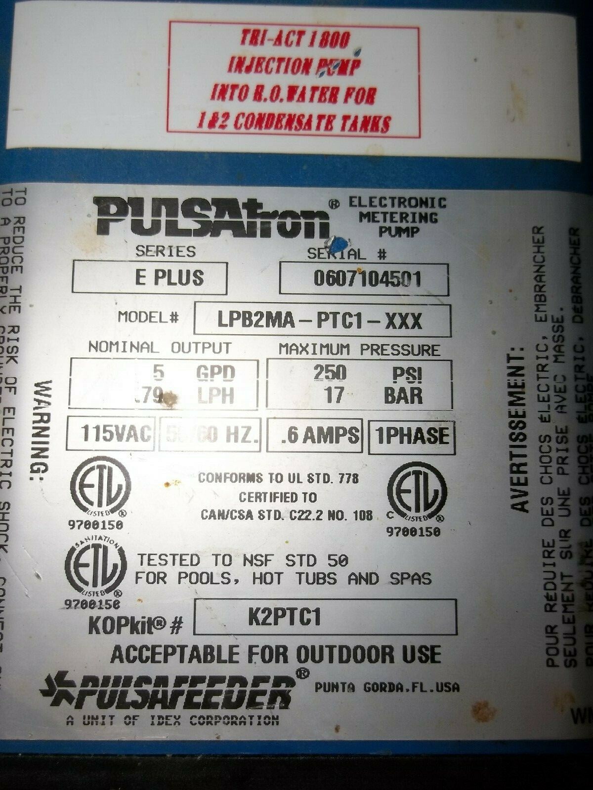 PULSATRON E PLUS LPB2MA-PTC1-XXX ELECTRONIC METERING PUMP 250 PSI 115VAC (PP4)