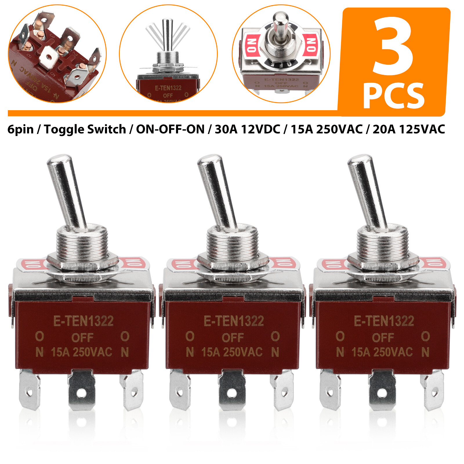 3PCS Marine Boat Automotive Car 12V 30A Toggle Switch DPDT On/Off/On 3 Position