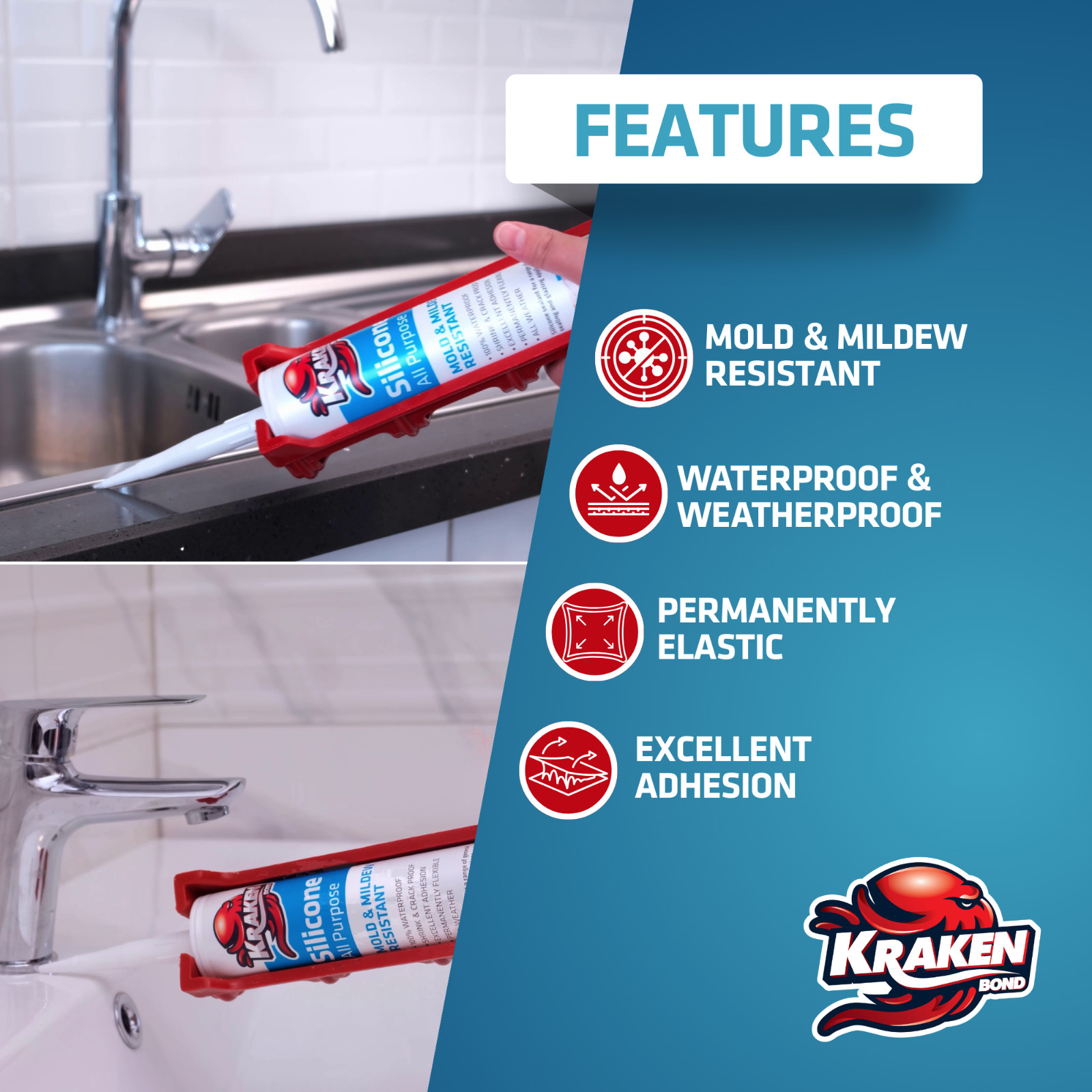 Kraken Bond RTV Silicone (10.1 fl oz) 12 Pack | Waterproof Caulk | Transparent