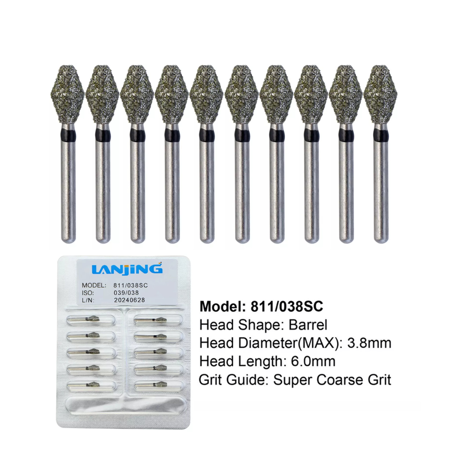 Dental Diamond Bur FG 811/038SC Occlusal Barrel Bur Super Coarse Grit High Speed