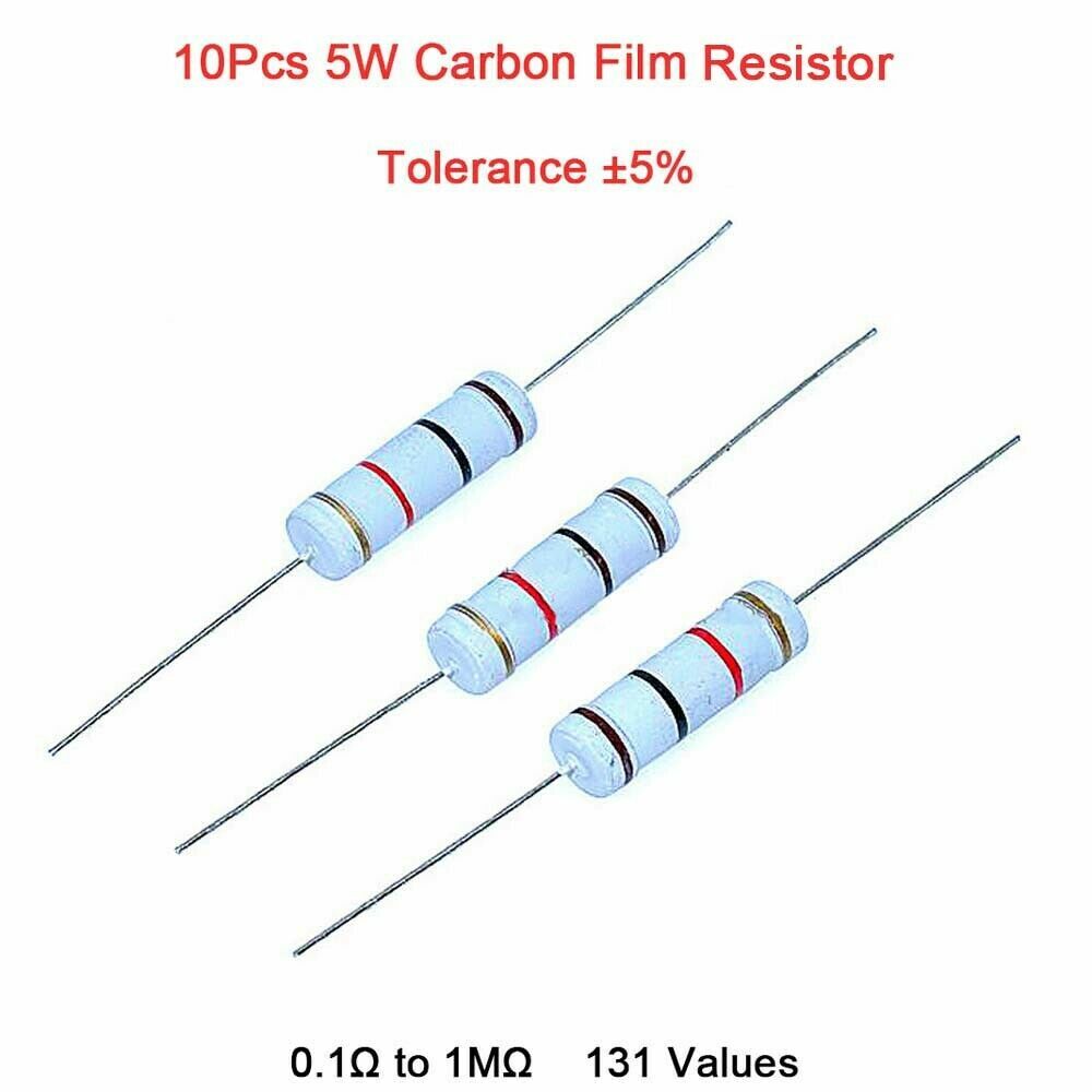 10Pcs 5W Carbon Film Resistor Range of Value 0.1Ω to 1MΩ Tolerance ±5%