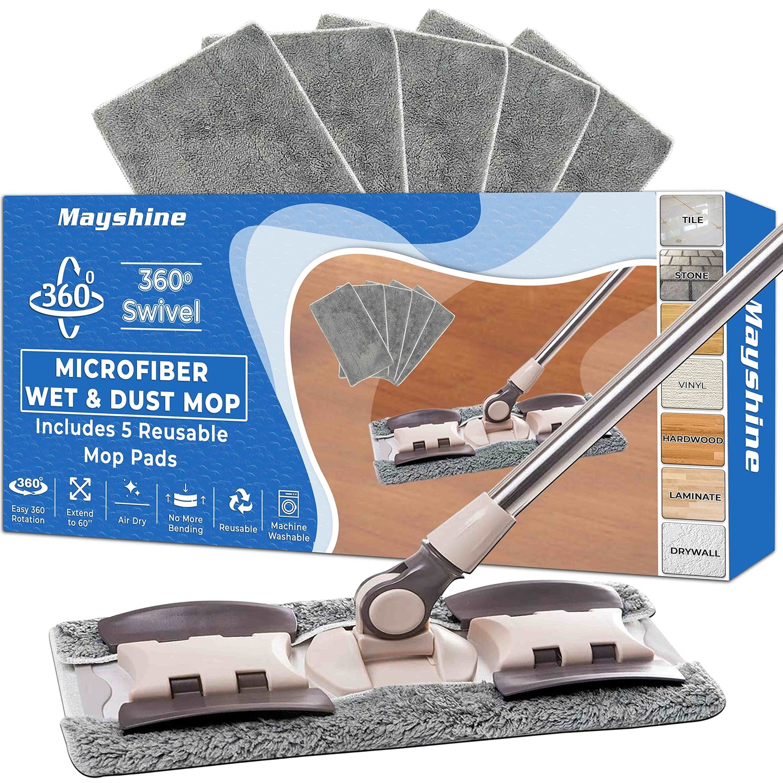 MAYSHINE Microfiber Hardwood Floor Wet and Dry Dust Mop w/ 5 Reusable Pads, 3…