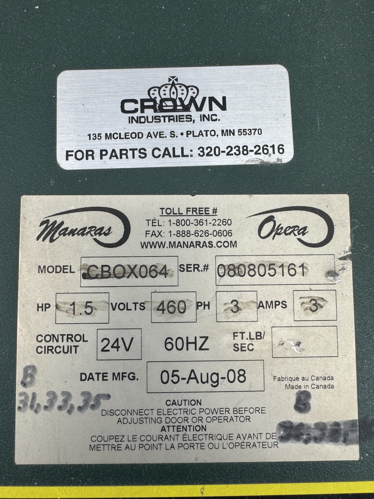 Manaras Opera CBOX064 1 1/2HP Commercial Door Opener Control Box 3 Phase Used