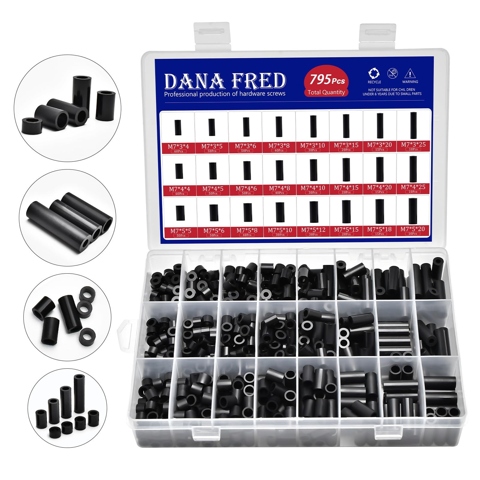 795Pcs Nylon Round Spacer Non-Thread Plastic Standoff Assortment Kit Black Ny…