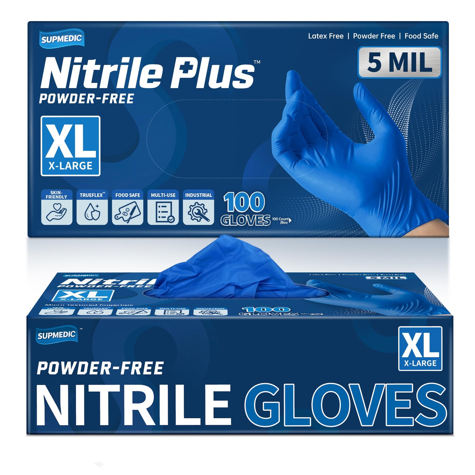 Supmedic Nitrile+ Disposable Gloves, 5 Mil X-Large, (Blue) X-large