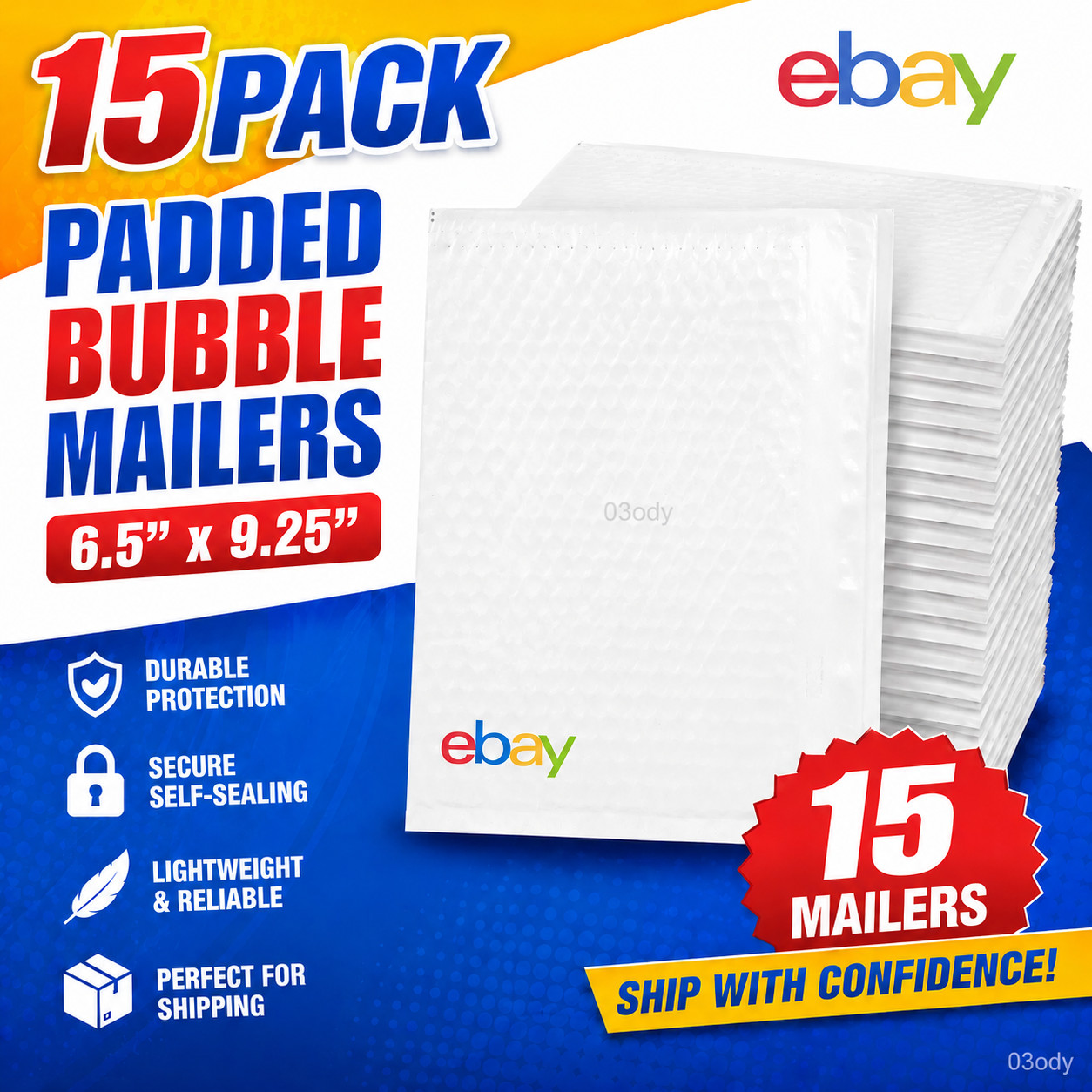 6.5” x 9.25” Ebay Branded Padded Bubble Mailer Envelope 15 PACK
