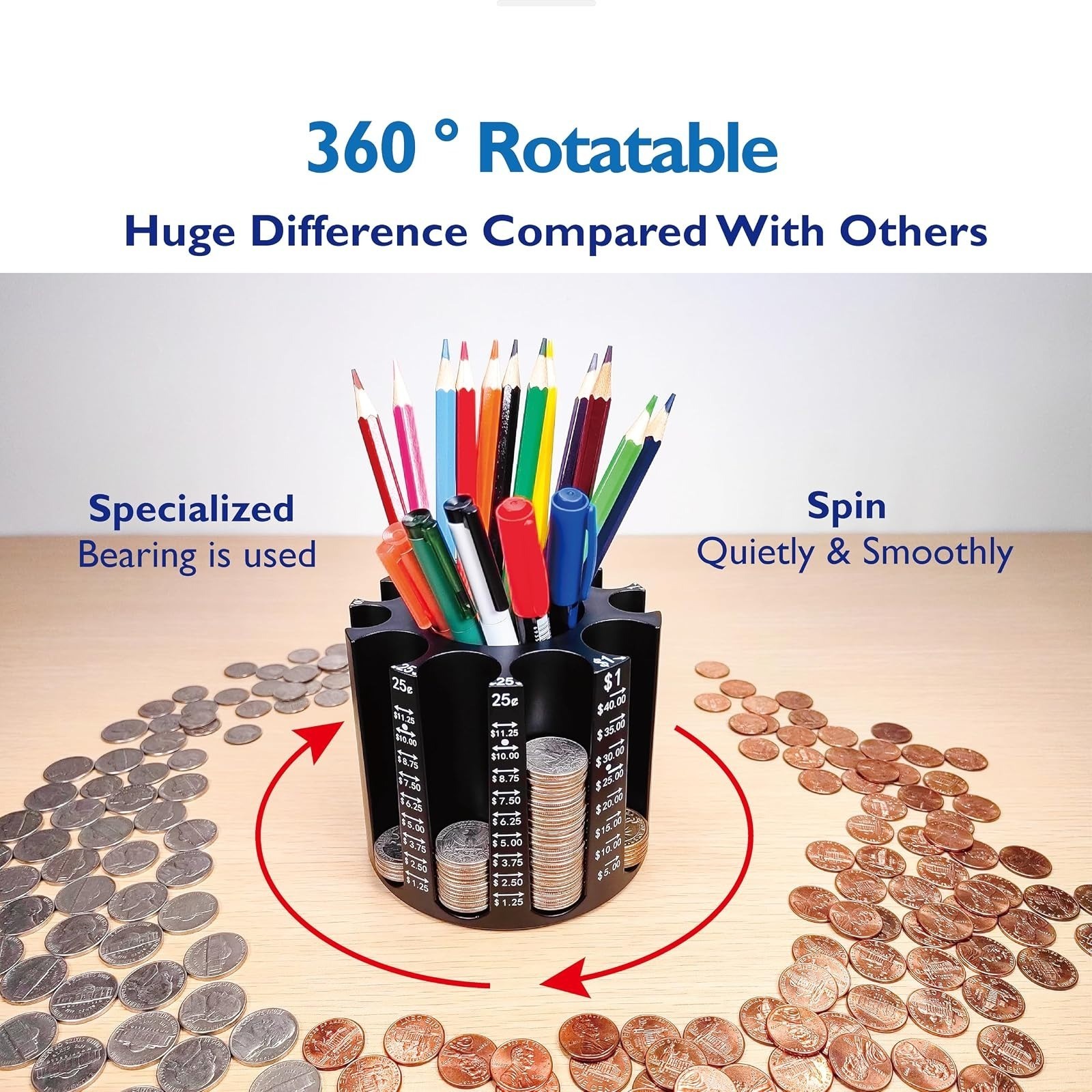 CO5IN1 Coin Sorter Pen Holder – 540pcs Capacity, 360° Rotatable