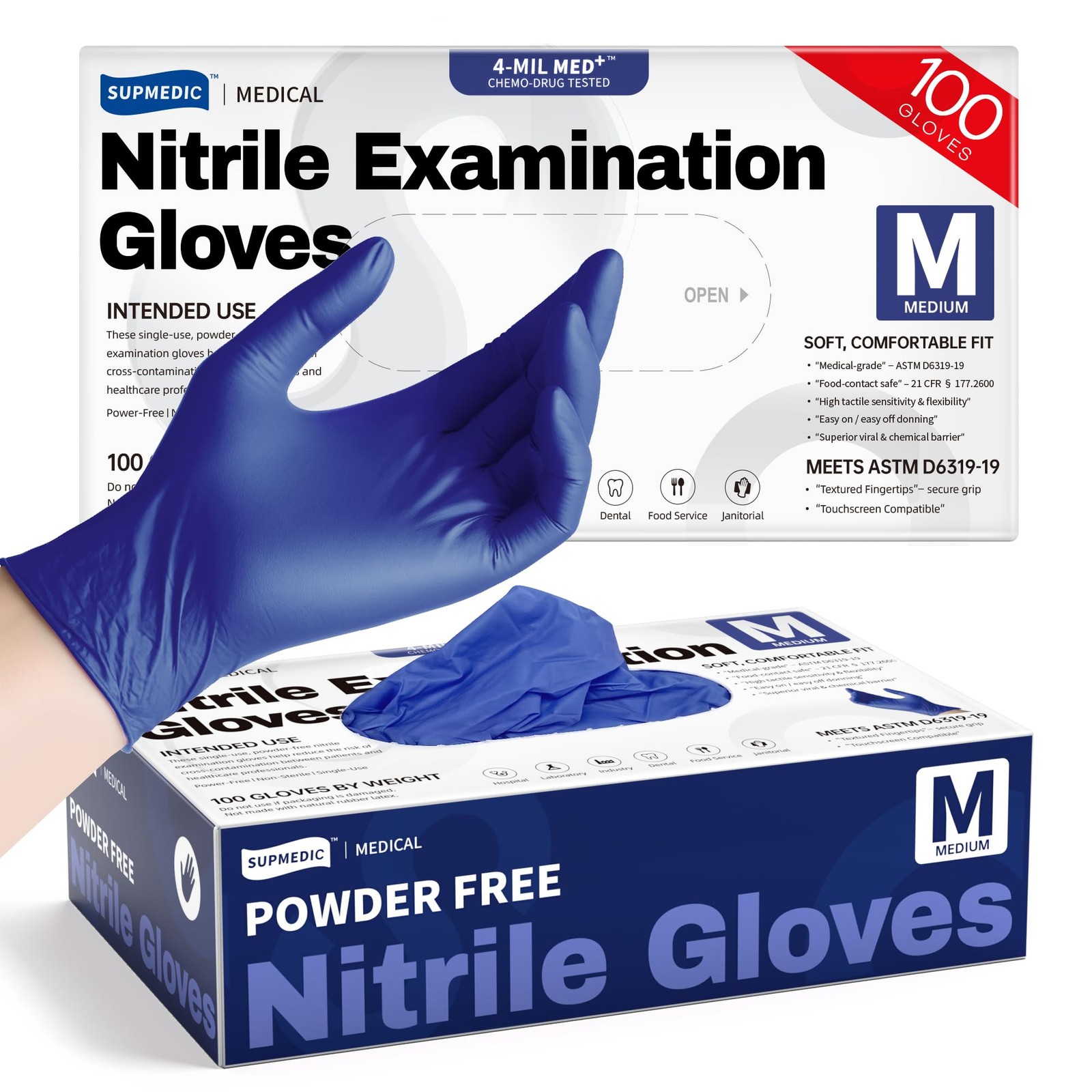 Supmedic Nitrile Exam Gloves, 4 Mil Med+ Medium, Medium (Blue Violet)