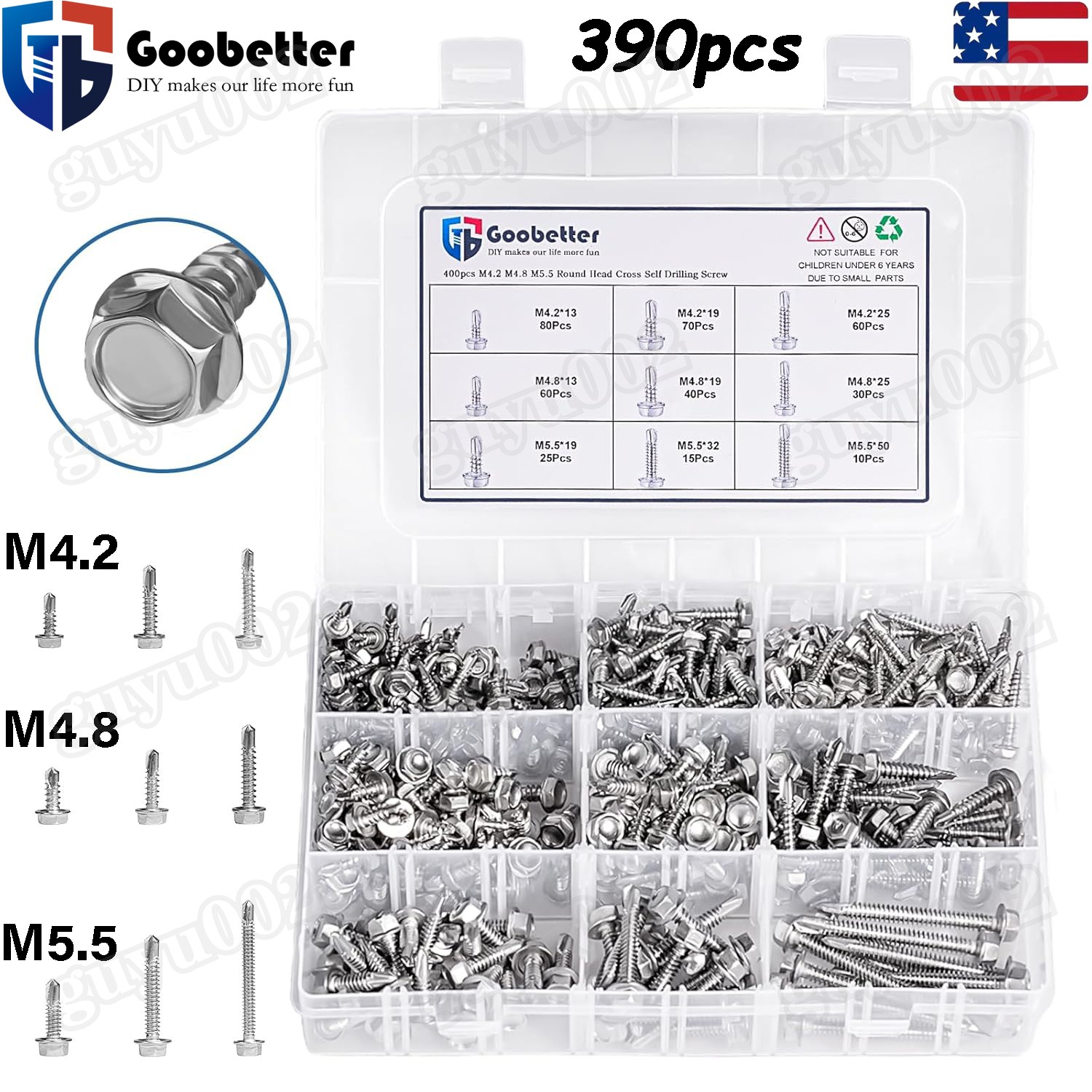 390pcs Hex Washer Head Self Drilling Sheet Metal Tek Screws 410 Stainless Steel