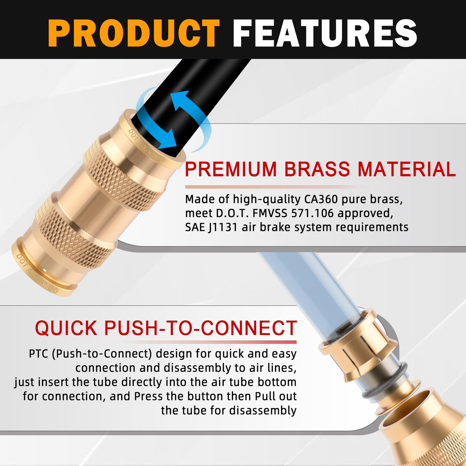 3/4″ Quick Push Connect Brass Fittings for Air Suspension, Truck, Trailer, Brake