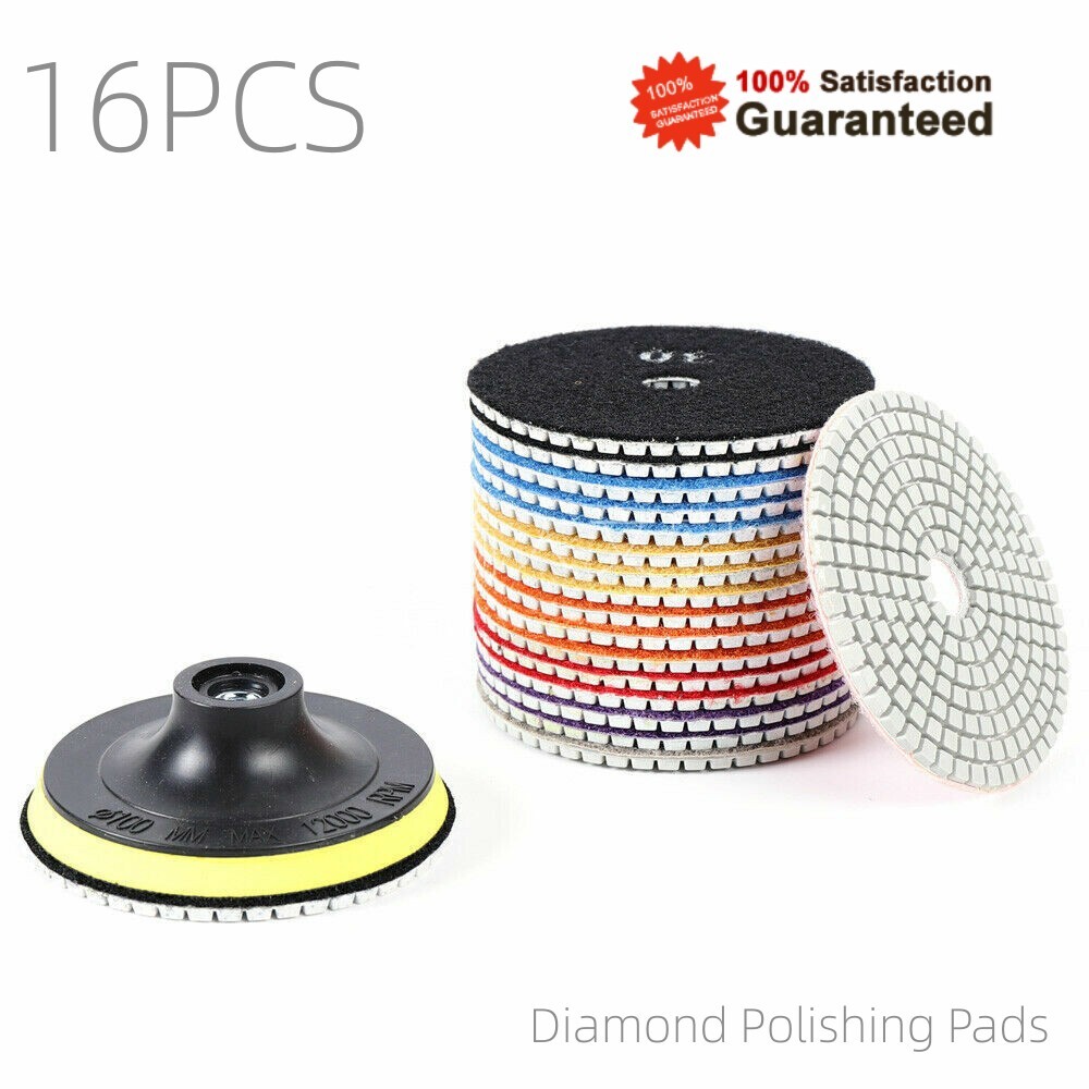 Diamond Polishing Pads 4 inch Wet/Dry 16 Piece Kit Granite Stone Concrete Marble