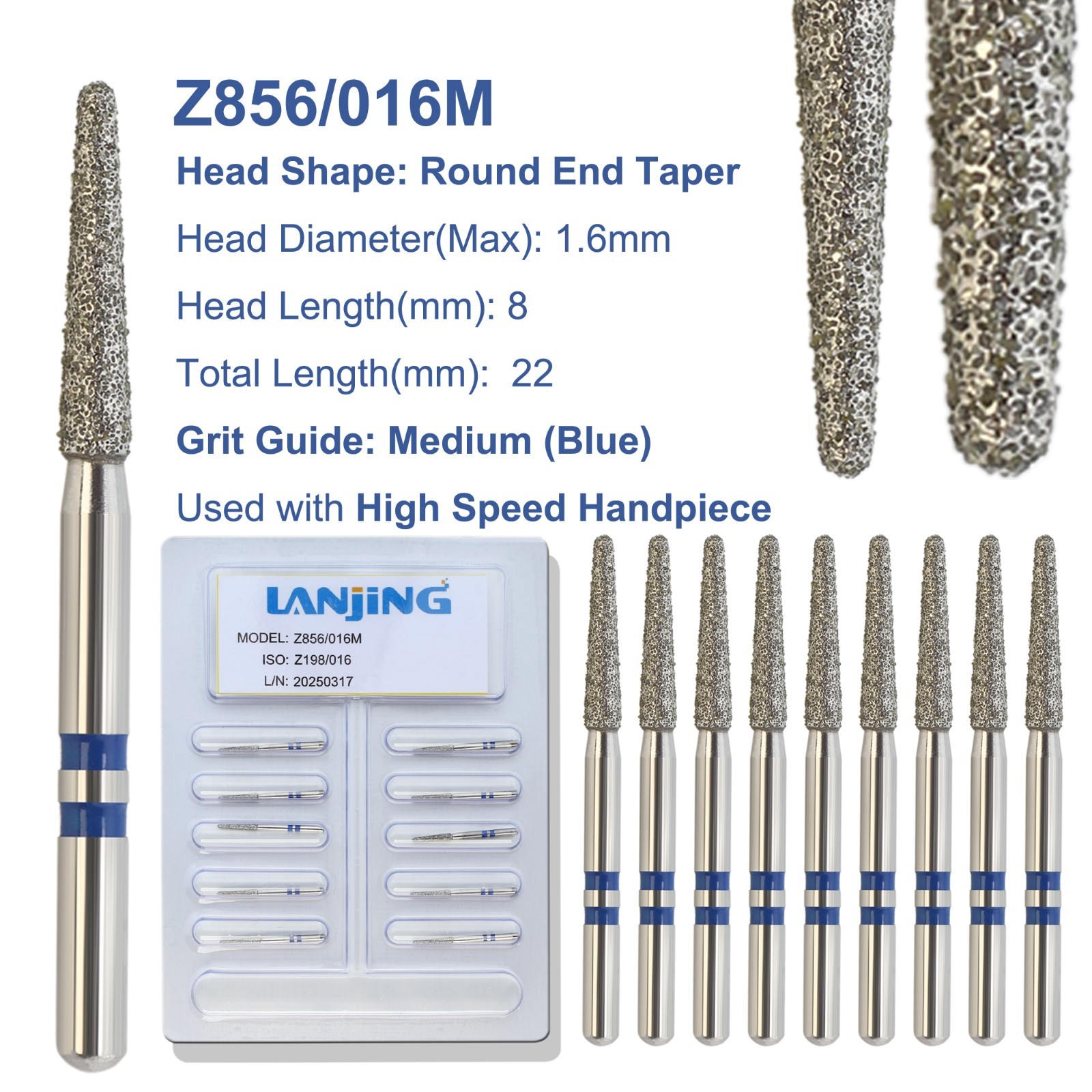 Zirconia Cutter Diamond Crown Removal Bur Round End Taper Medium Grit Z856/016M
