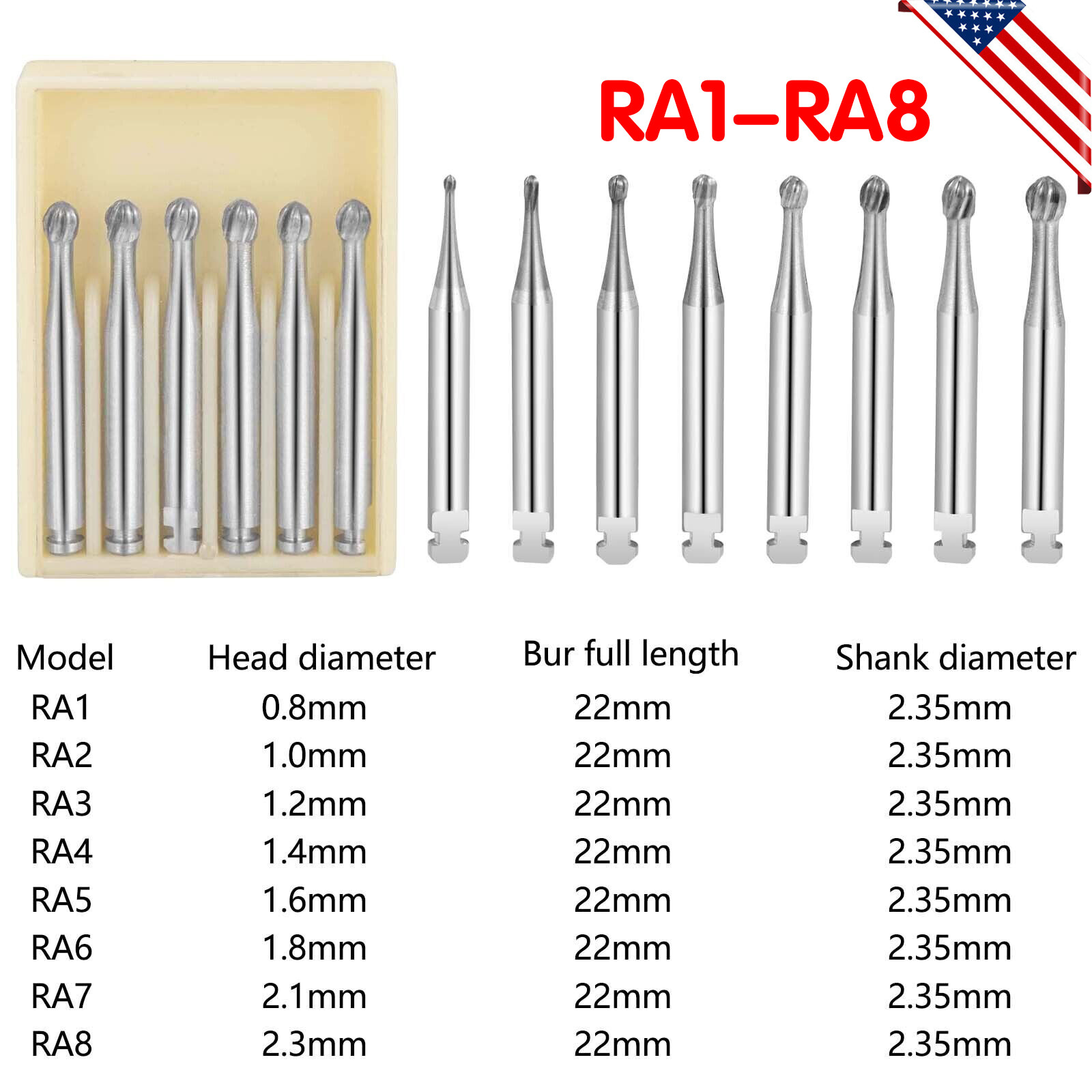 Dental Tungsten Carbide Steel Bur Round for Low Speed Angle Handpiece RA 1-8 po