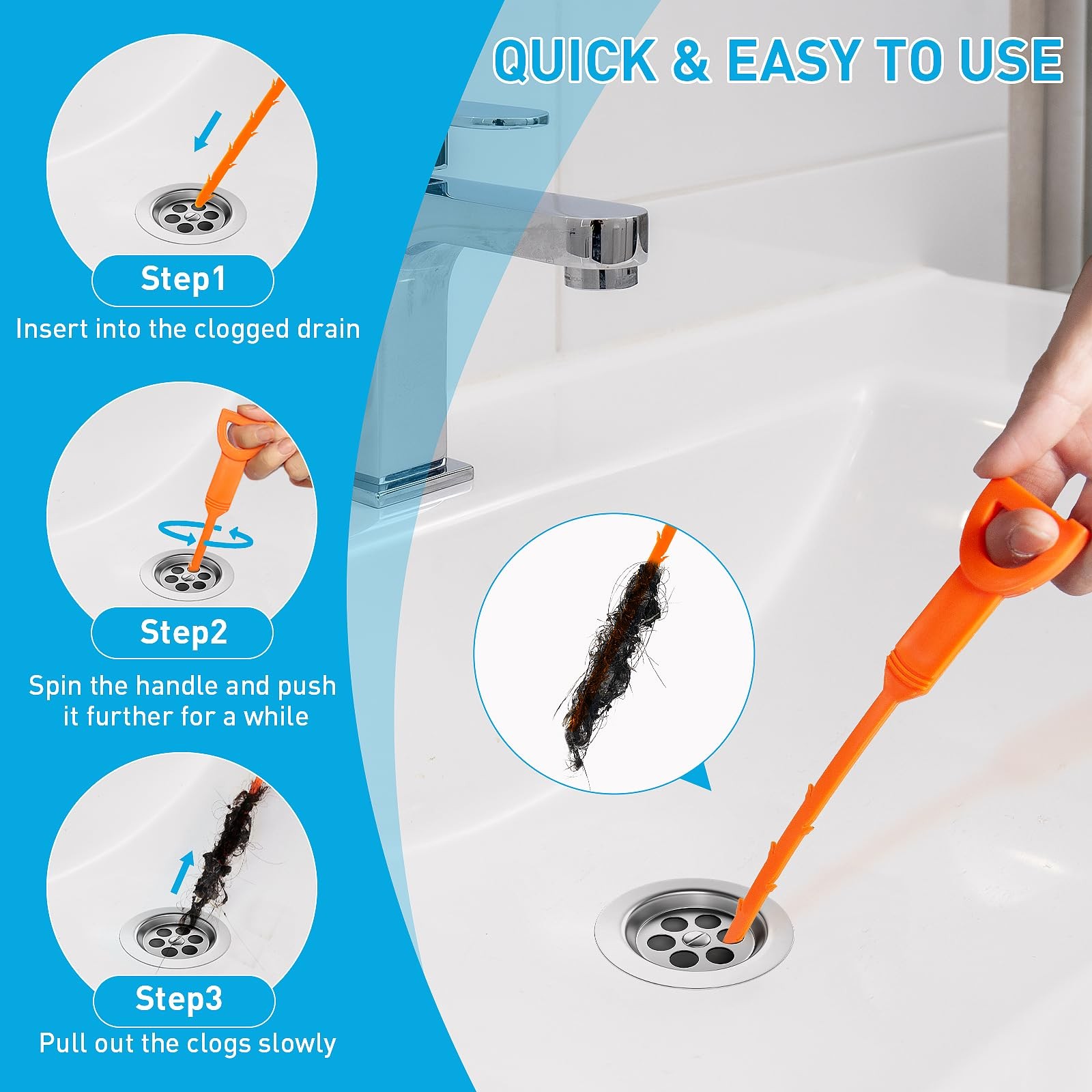 Drain Snake 12 Set with 25 Inch Hair Tool and 59 Inch Cleaner