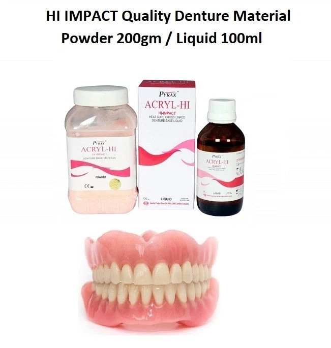 Dental ACRYL HI IMPACT Heat Cure Denture Base Material Powder 200gm Liquid 100ml