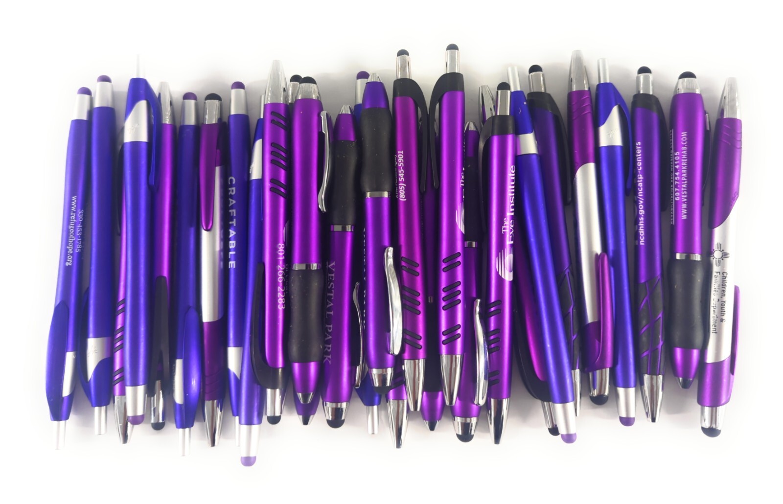 30ct Mixed Lot Misprint Retractable Click Pens w/Stylus: PURPLE/ VIOLET/LAVENDER