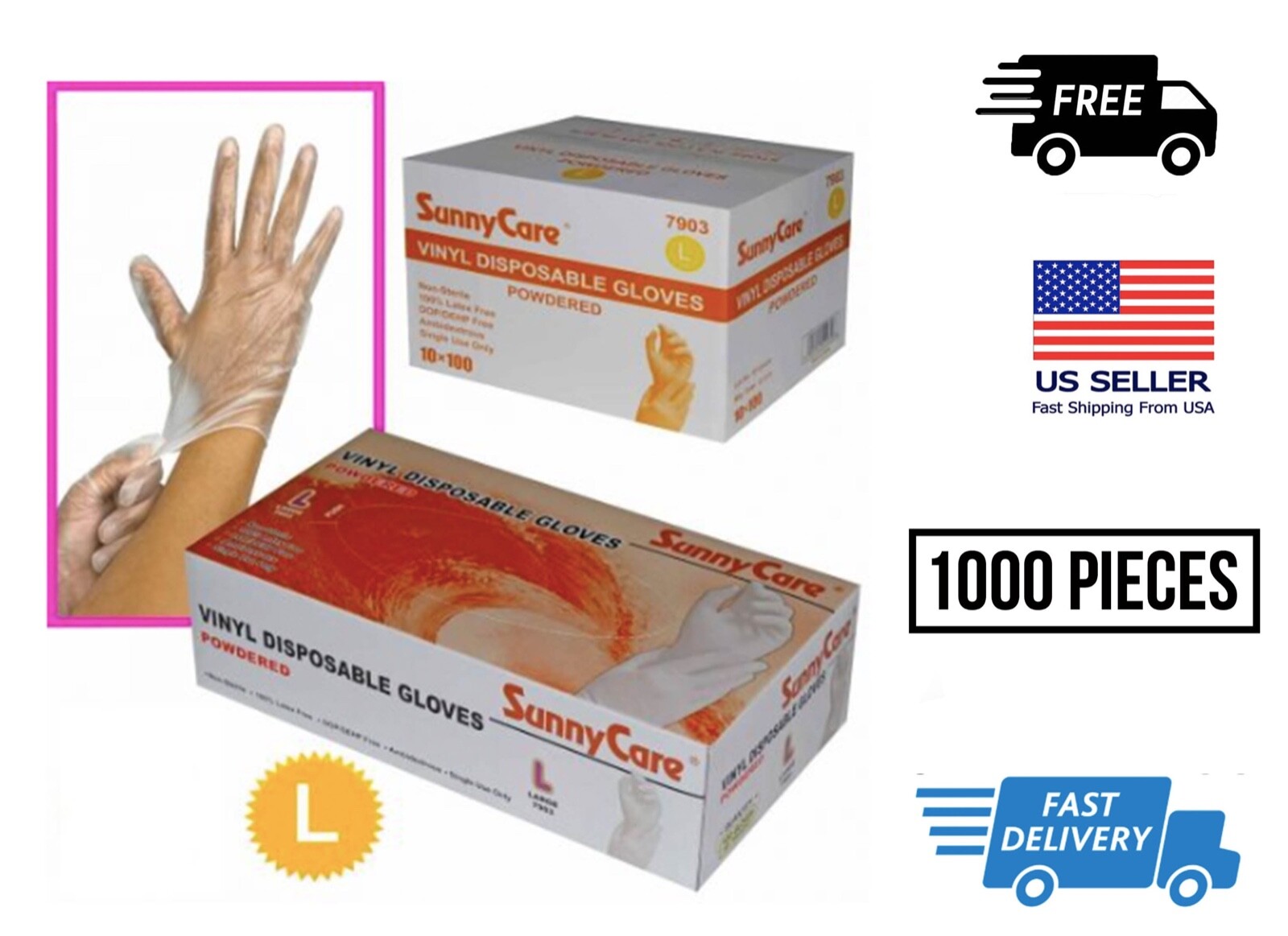 10x 100 1.000 Vinyl Gloves powder Free Sunnycare Size LARGE FAST SHIP