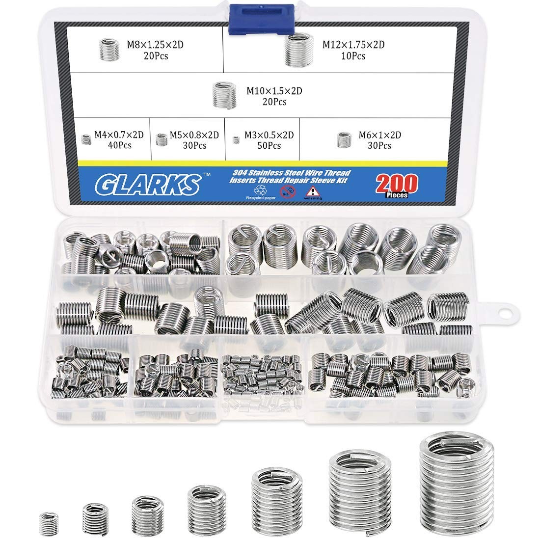 200PCS Insertos De Rosca De Alambre Vaina De Acero Tipo Helicoil Kit Surtido