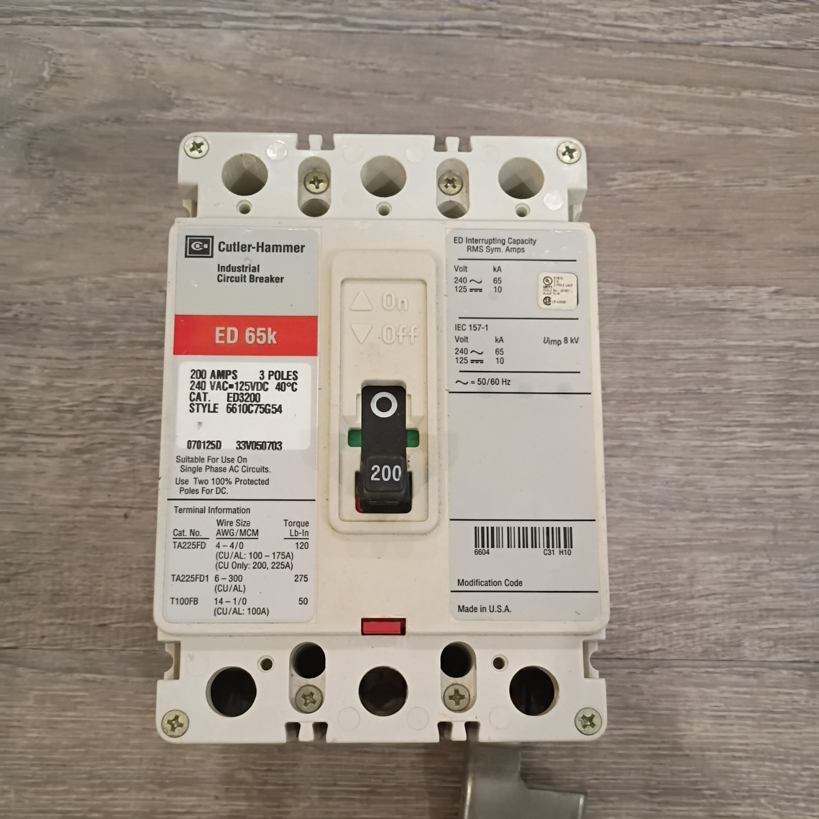 Cutler-Hammer ED 65k 200A 3-Pole Industrial Circuit Breaker
