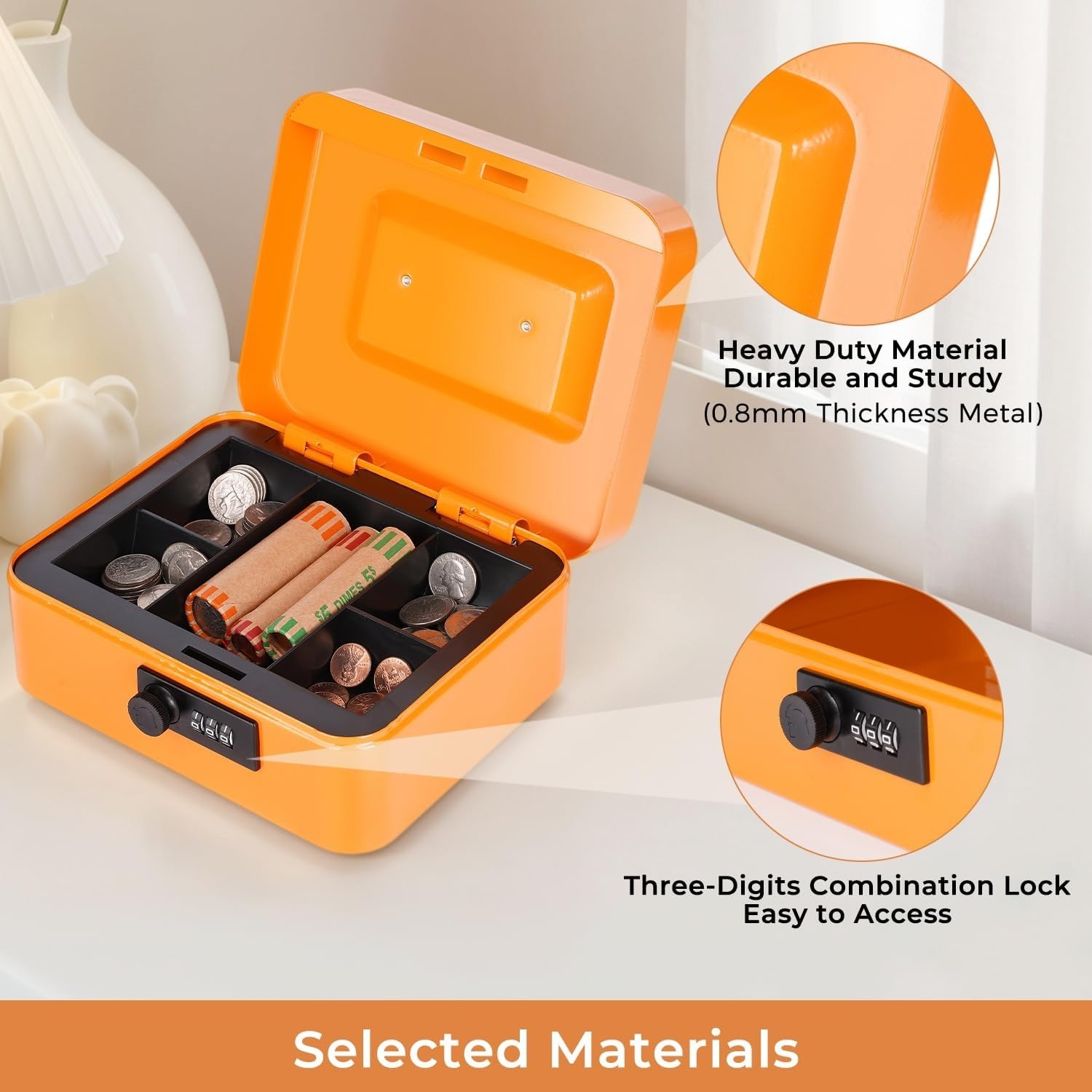 Cash Box with Money Tray and Combination Lock Metal Money Box Change Lock Box…