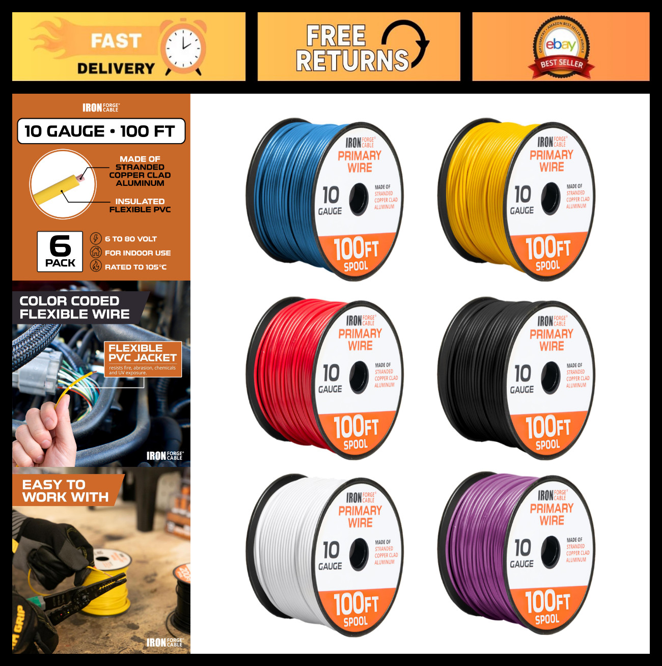 600ft 10 Gauge Automotive Wire – 6 Color Bulk Pack – 10 AWG Copper Clad Aluminum