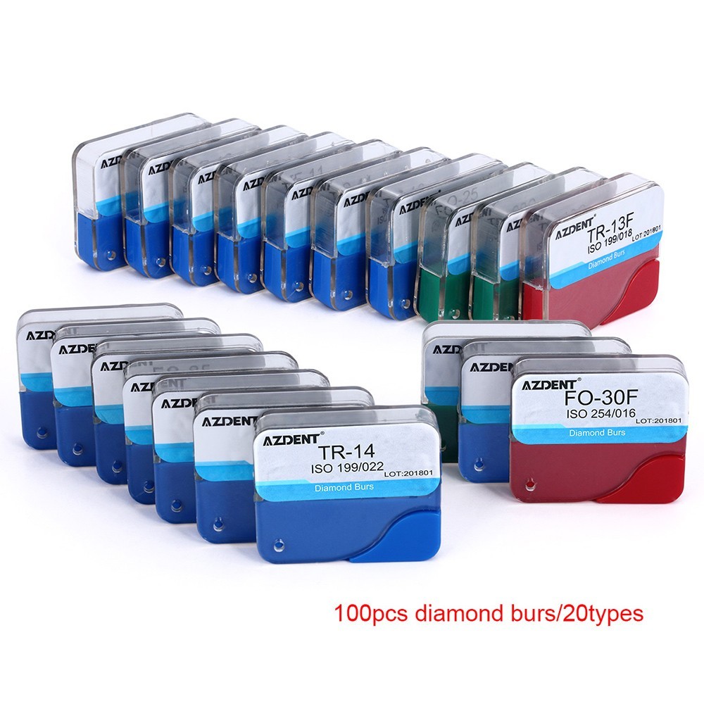 100Pcs 20Types Dental Diamond Burs for High Speed Handpiece Medium Friction Grip
