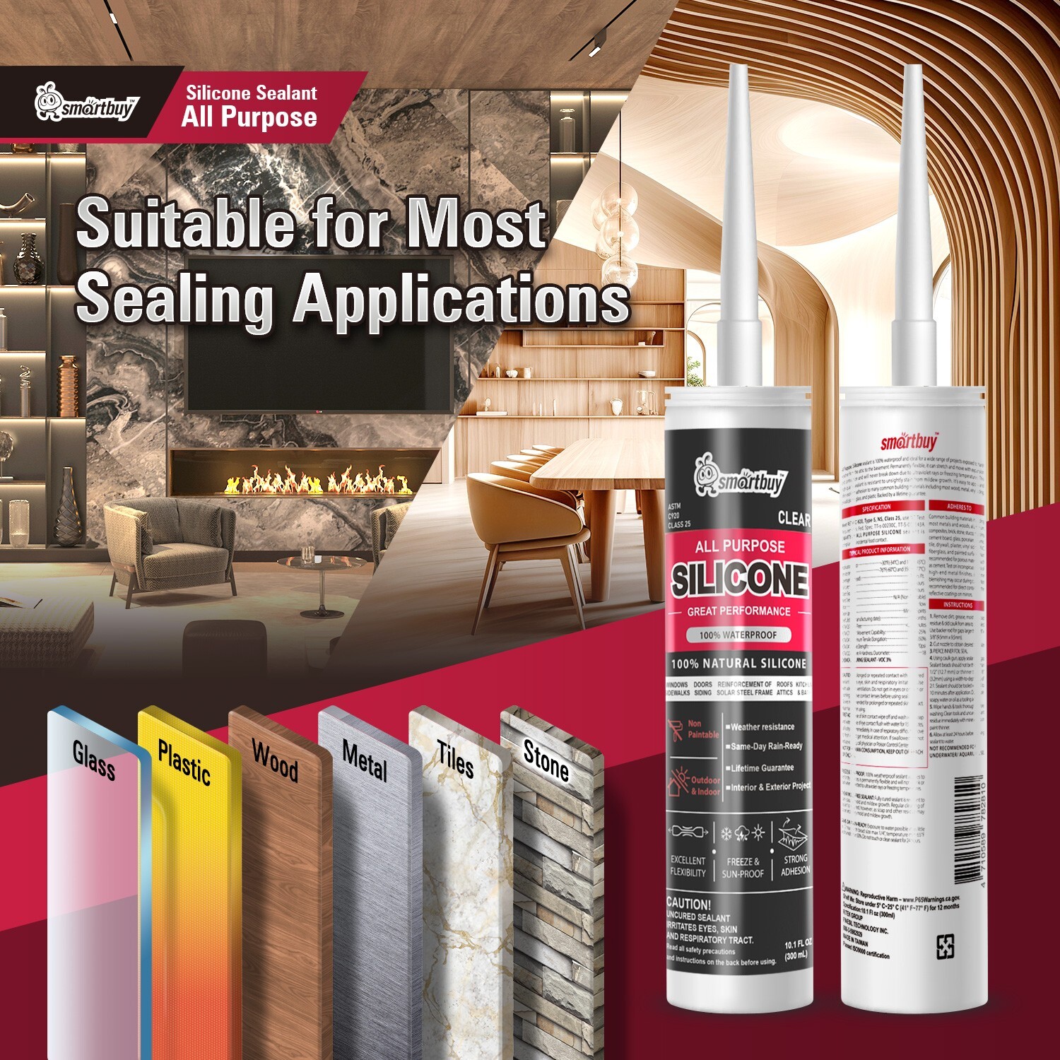 Smartbuy All Purpose 100% Clear Silicone Sealant Adhesive For Glass Window Door
