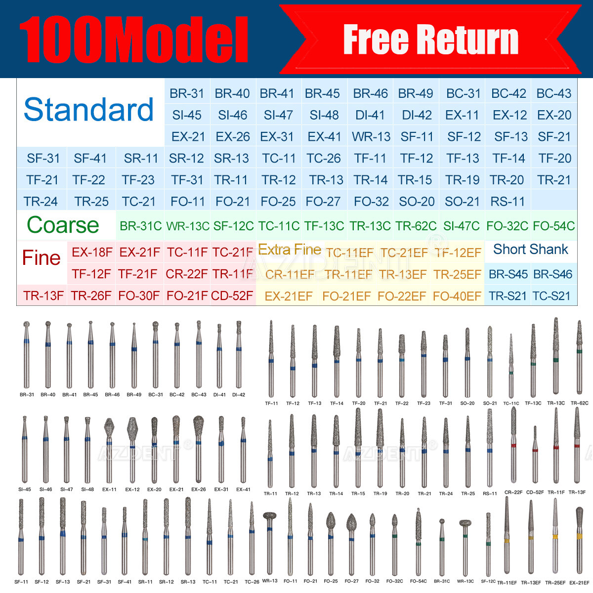 USA AZDENT Dental Super Coars Diamond Burs Drill FG for High Speed Handpiece