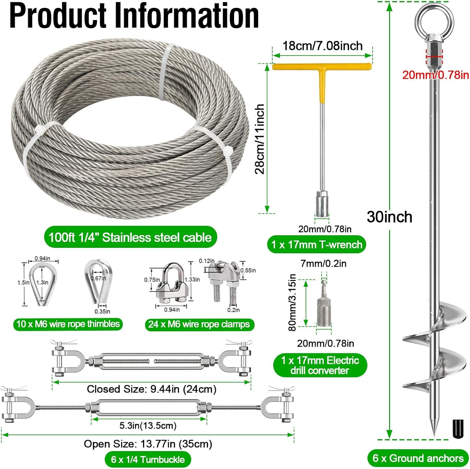 6 Pcs 30″ Ground Anchors Heavy Duty with 100Ft 1/4″ Stainless Steel Cable & 6Pcs