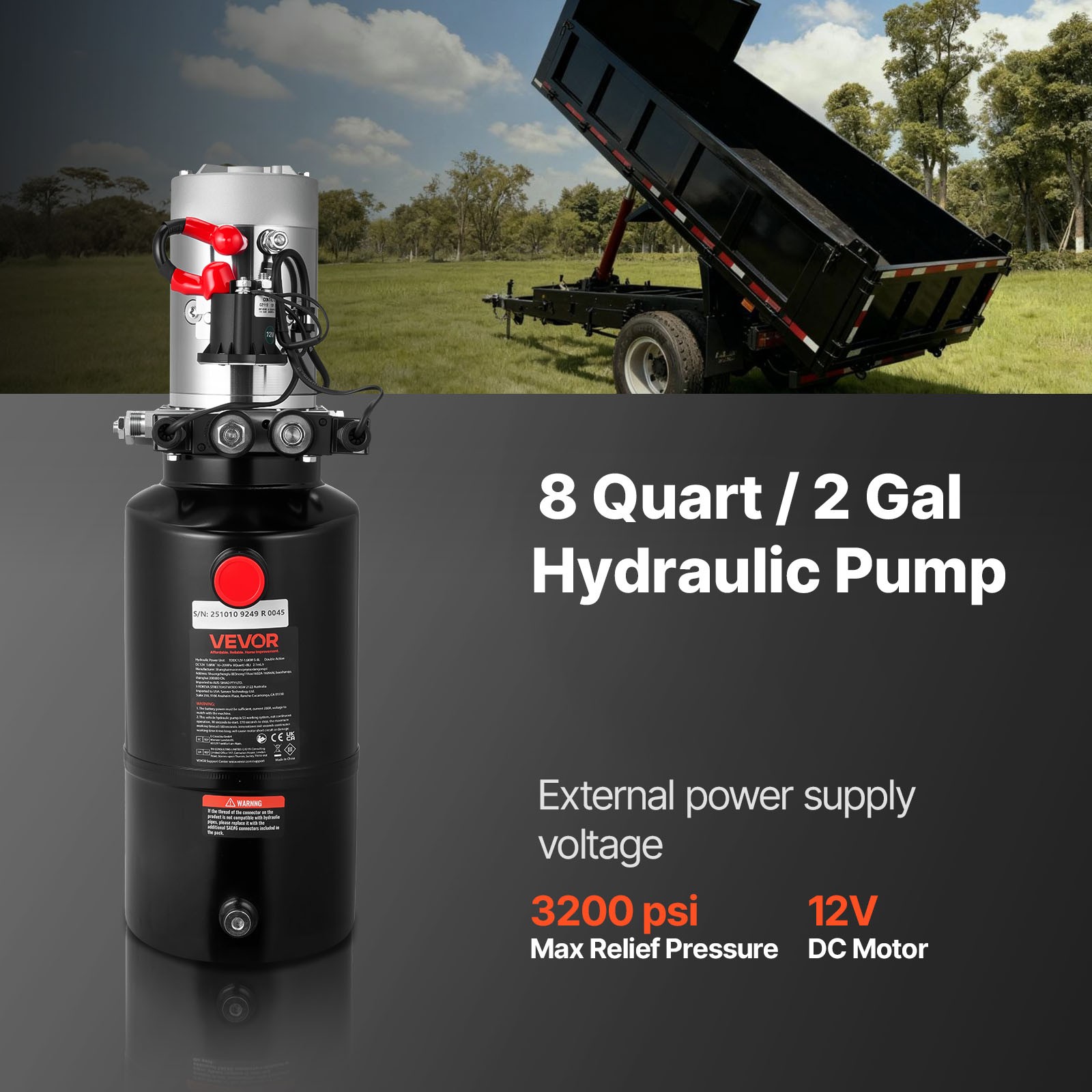 VEVOR 8 Quart Hydraulic Power Unit DC 12V Double Acting Hydraulic Pump
