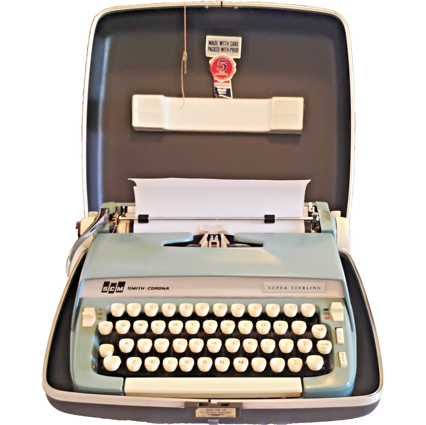 Smith-Corona SCM Super Sterling Portable Typewriter w/ Case Blue Works Perfectly