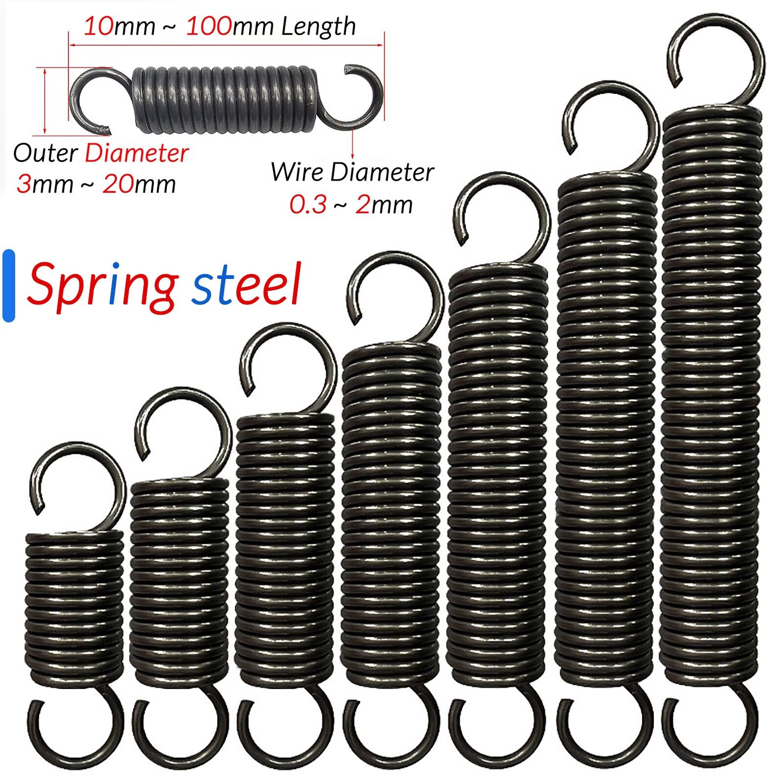 0.3mm to 2mm Wire Dia Hook Extension Tension Spring Springs Steel Small Spring