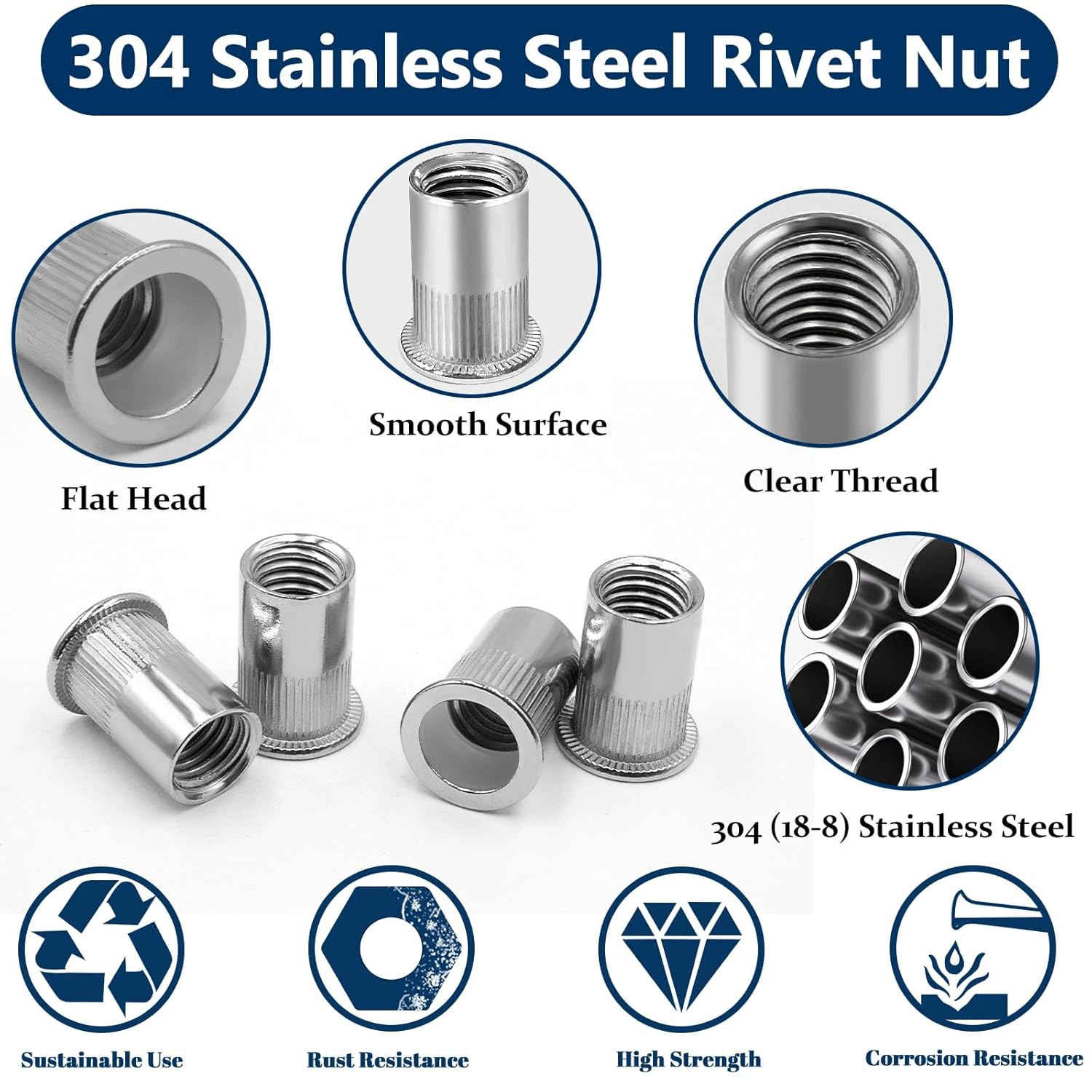 Rivet Nut Assortment Kit, 220 Pcs, Flat Head, 304 Stainless Steel, Various Sizes