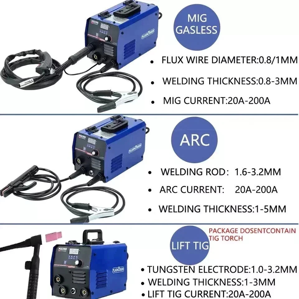 MIG200 3-IN-1 110V/220V Welder Machine 200A MIG/TIG/MMA Gasless IGBT LED Display