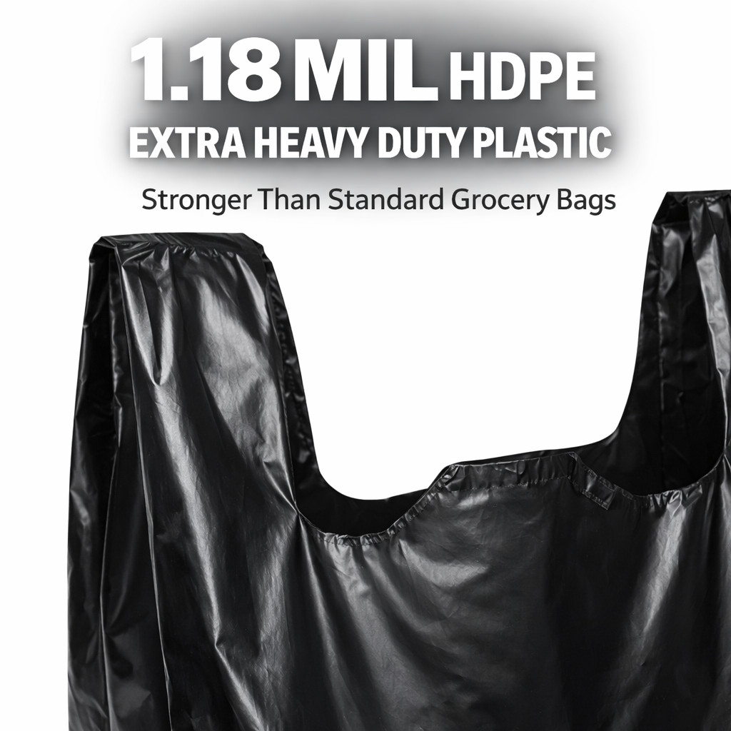 Extra Heavy Duty Black T-Shirt Bags 1/6 Size 21×6.5×11.5 1.18 Mil Grocery Bags