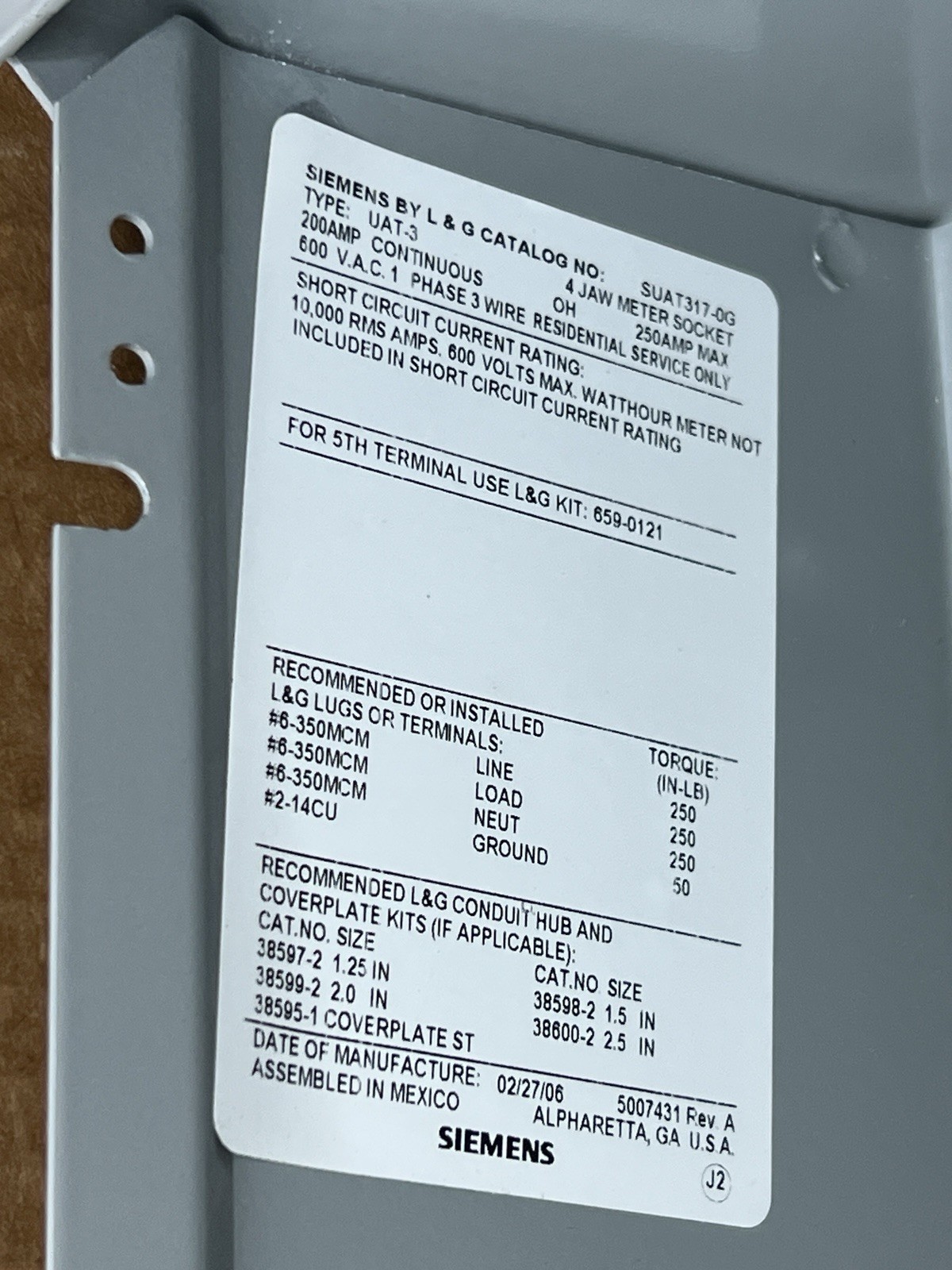 Siemens 200 amps Ringless Overhead/Underground Meter Socket SUAT317-OG