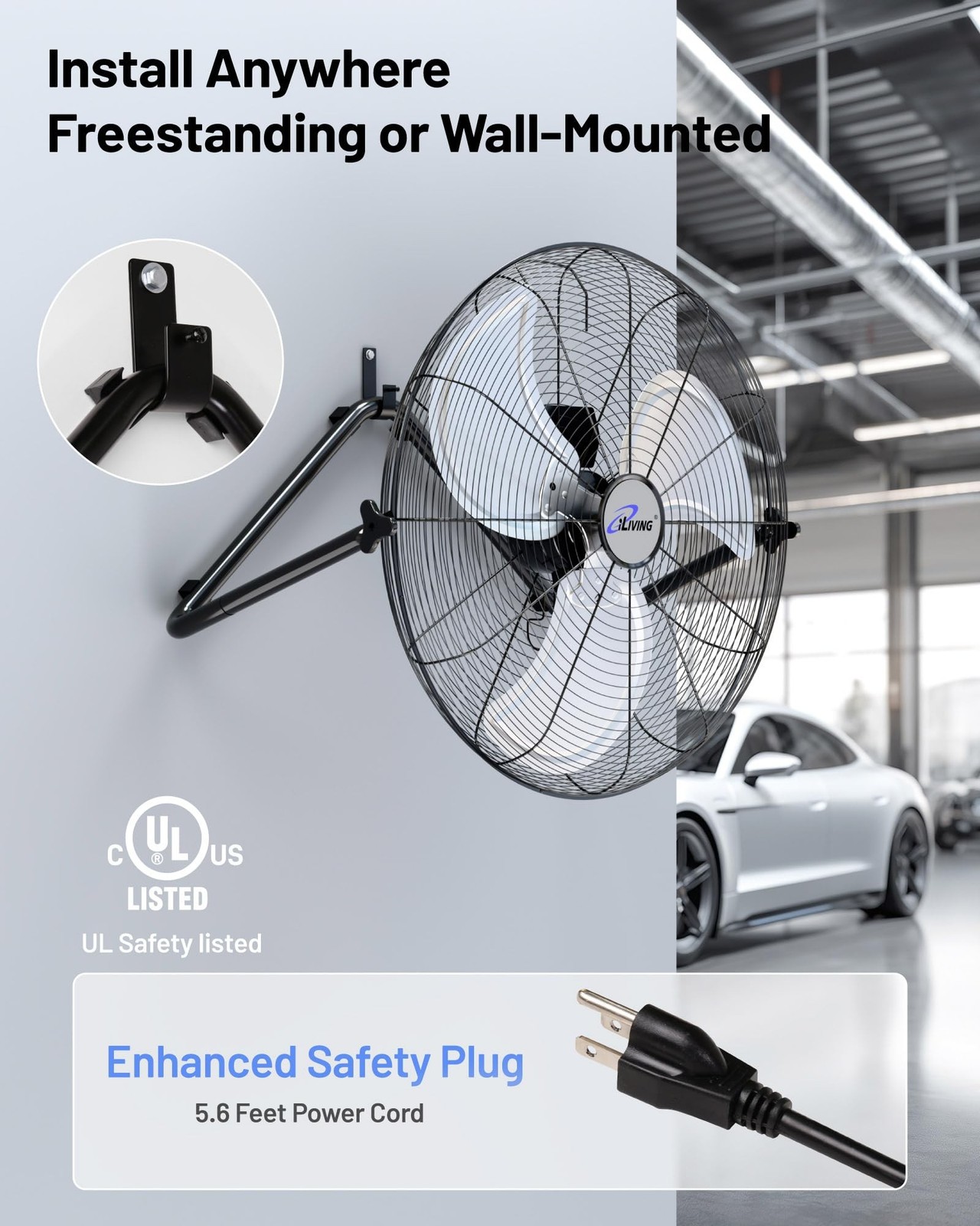 iLIVING 20 Inch Heavy Duty Floor & Wall Mount Fan – 5750 CFM High Velocity, 1…