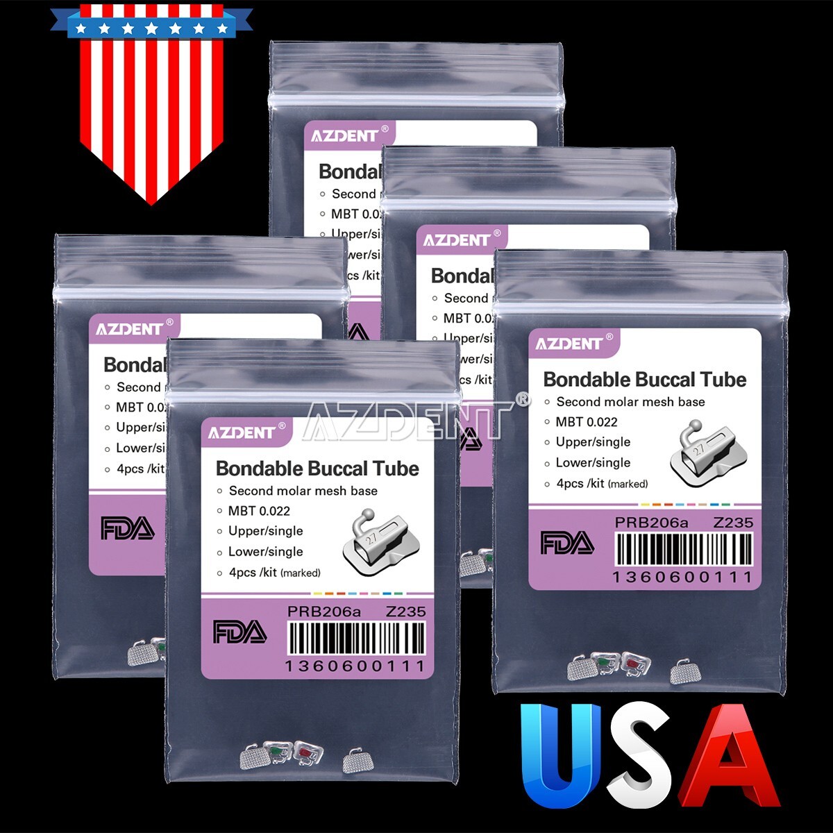 200X AZDENT Dental Orthodontic Buccal Tubes 2nd Molar Non-Conv Bondable MBT.022