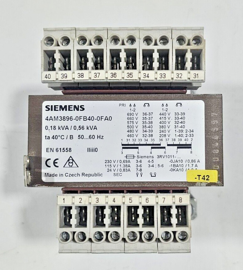 Siemens 4AM3896-0FB40-0FA0 0,18kVA/0,56kVA Transformer PRI,208-690V SEC,24-230V