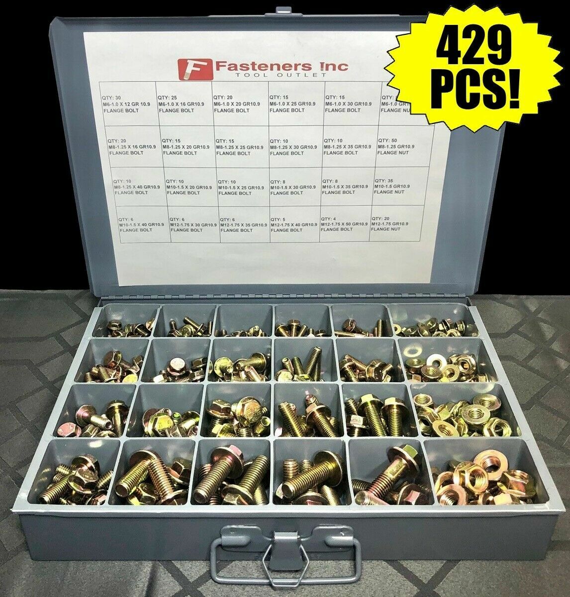 429 Piece Grade 10.9 Metric Flange Bolt & Flange Nut Assortment Kit Yellow Zinc