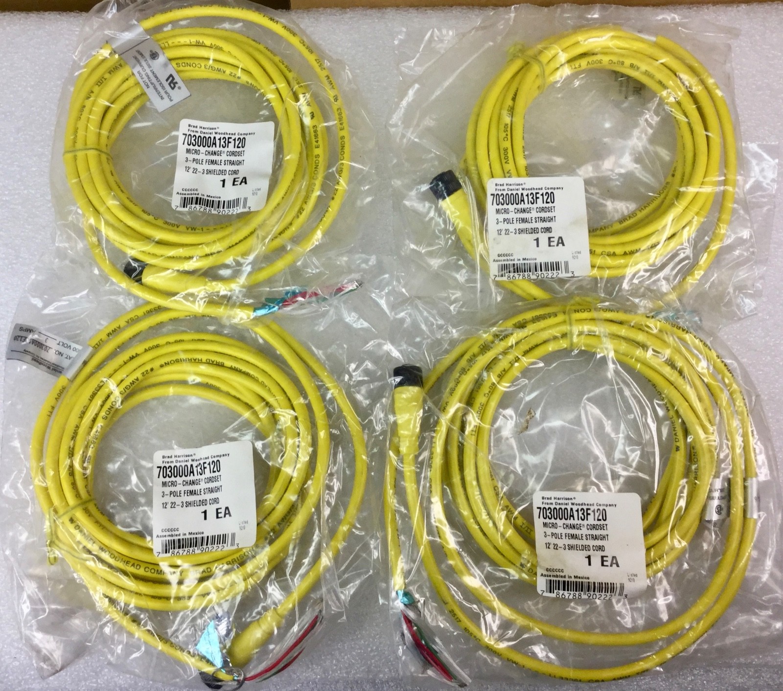 BRAD HARRISON 703000A13F120 22-3 CORDSET 3 POLE FEMALE 12′ [SET OF 4] NEW IN PKG