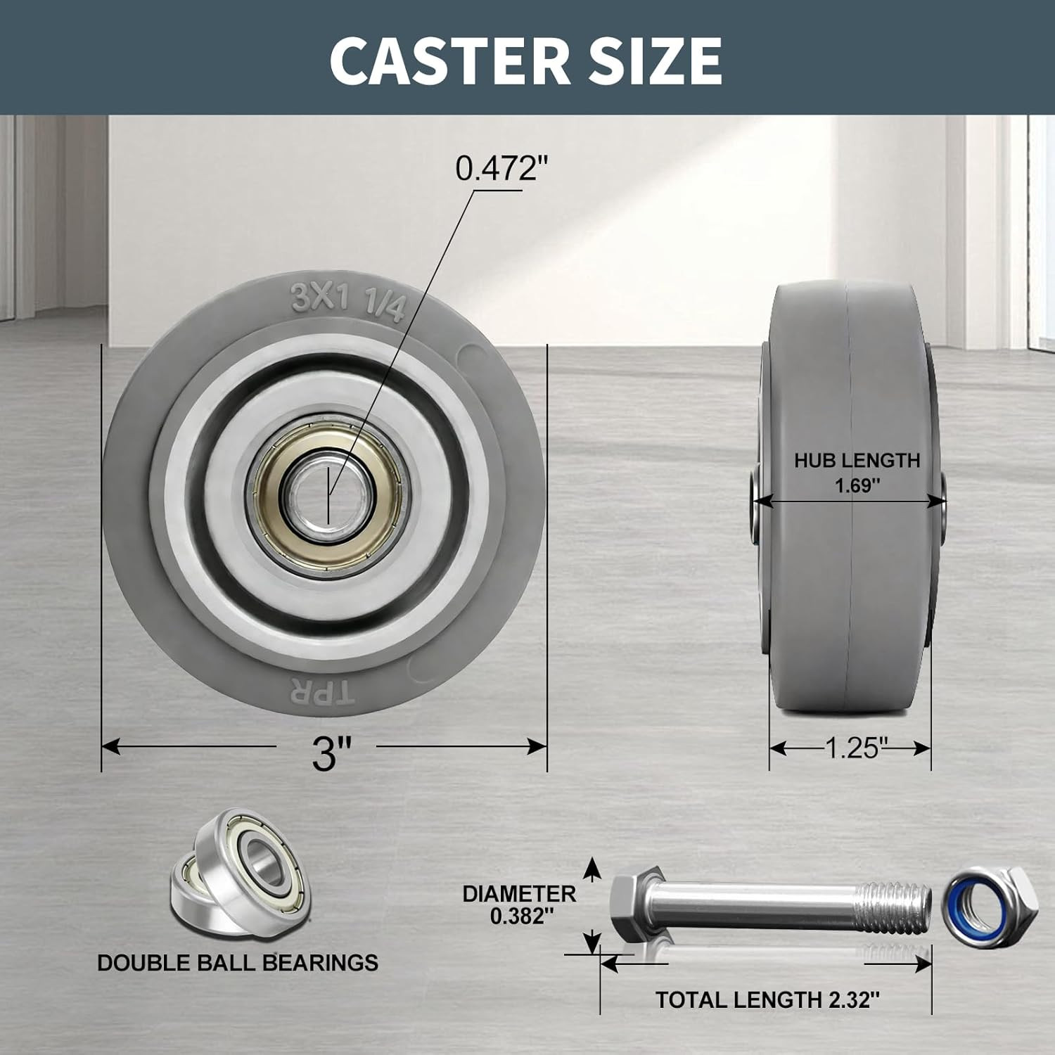 3 Inch Caster Wheels, Thermoplastic Rubber Wheels Silent Castor (Set of 4)- Heav