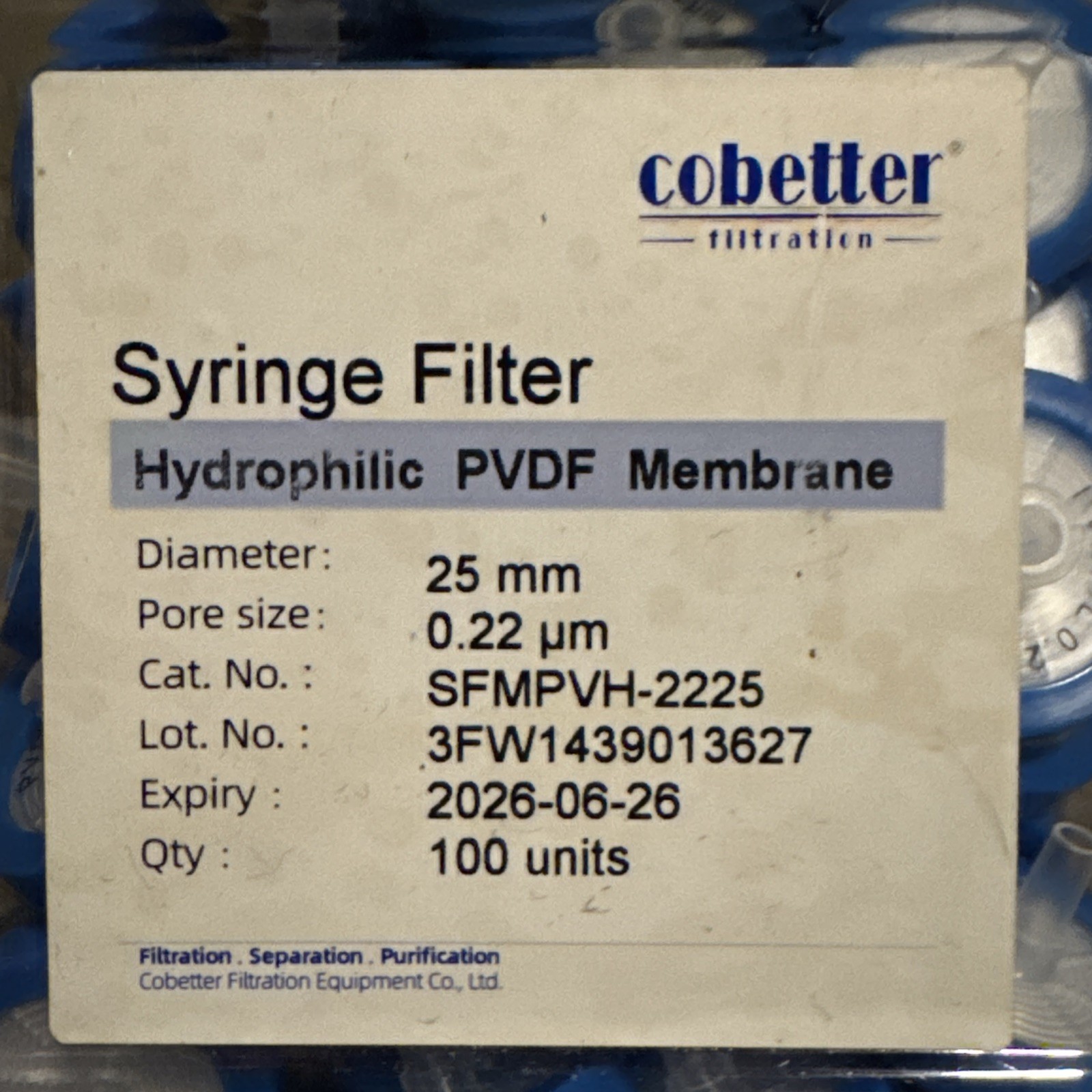 100 Pcs. PVDF MEMBRANE Syringe Lab Filters 0.22um Pore Size 25 mm Hydrophilic