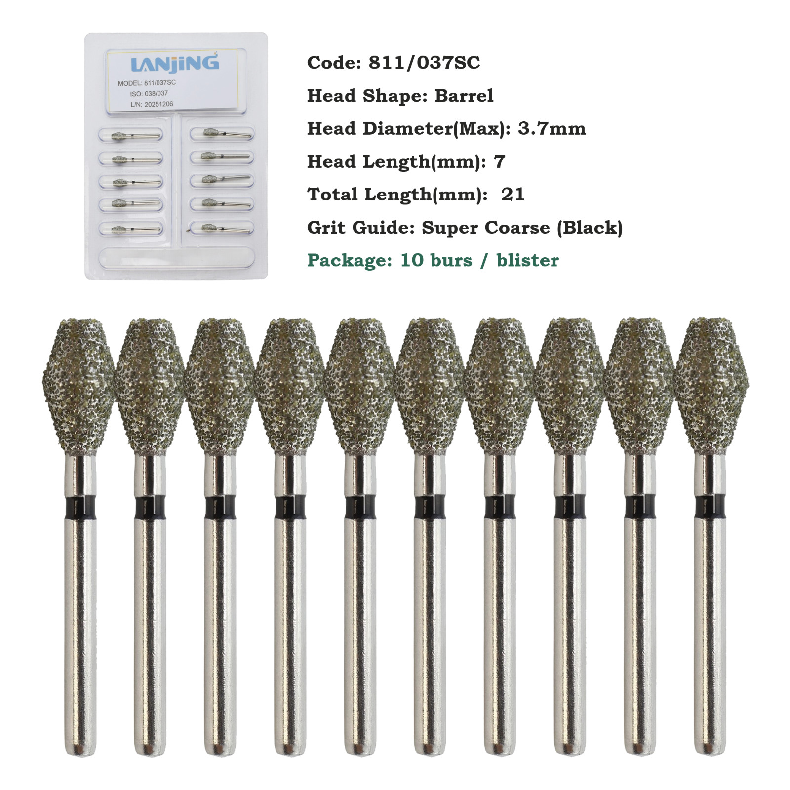 Dental Diamond Burs Barrel Shape 811/038SC 032SC Super Coarse Grit FG High Speed