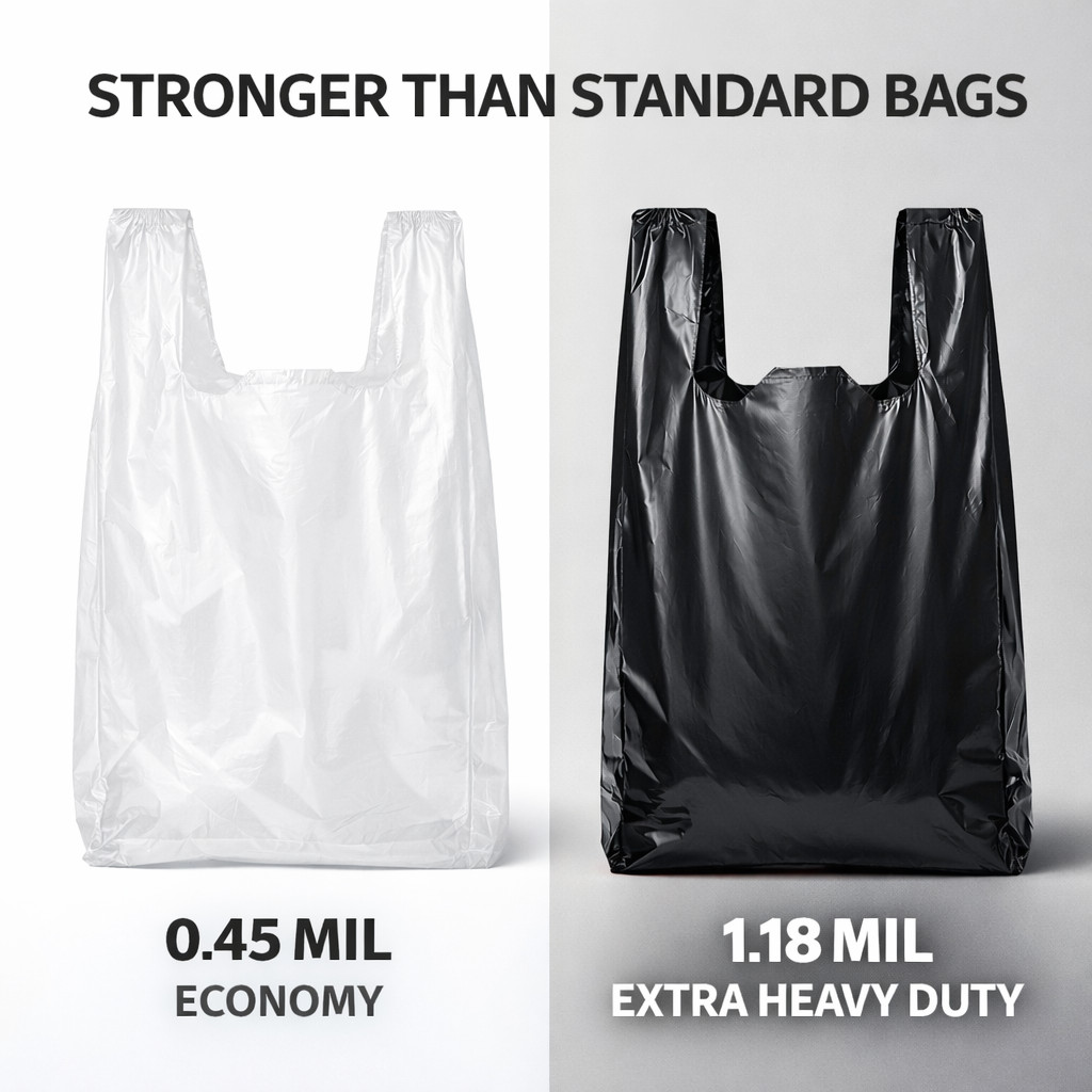 Extra Heavy Duty Black T-Shirt Bags 1/6 Size 21×6.5×11.5 1.18 Mil Grocery Bags
