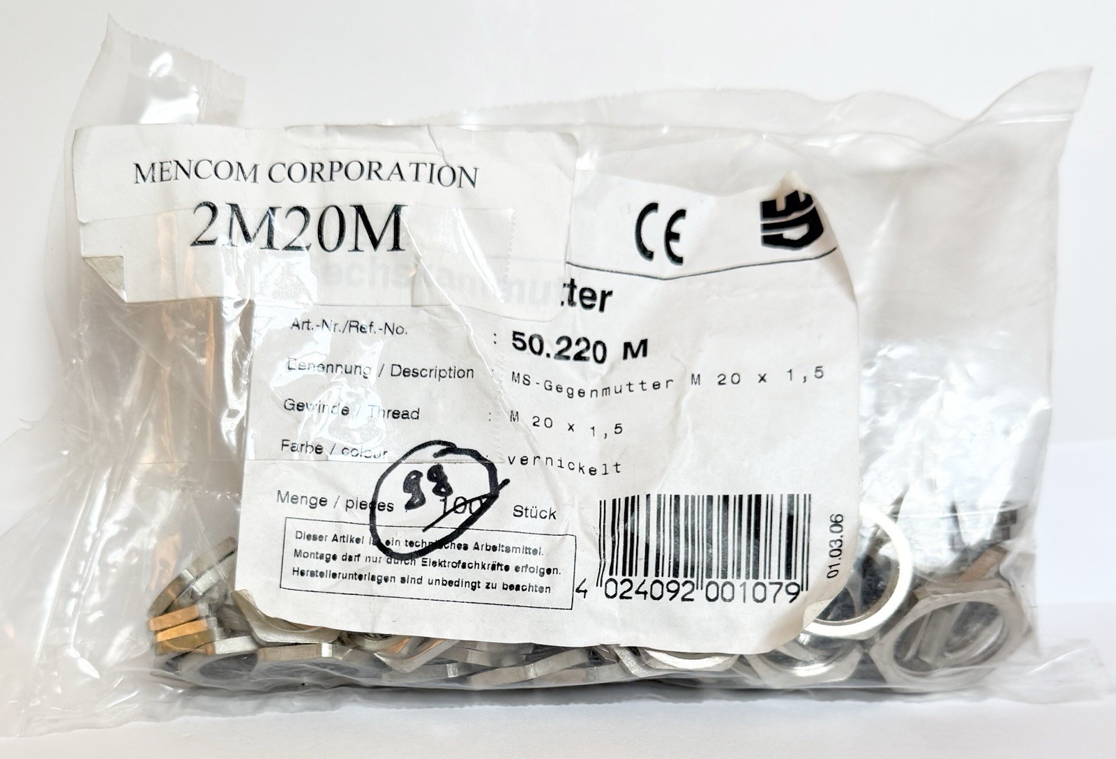Mencom Corporation 2M20M Lock Nuts Nickel Plated Brass