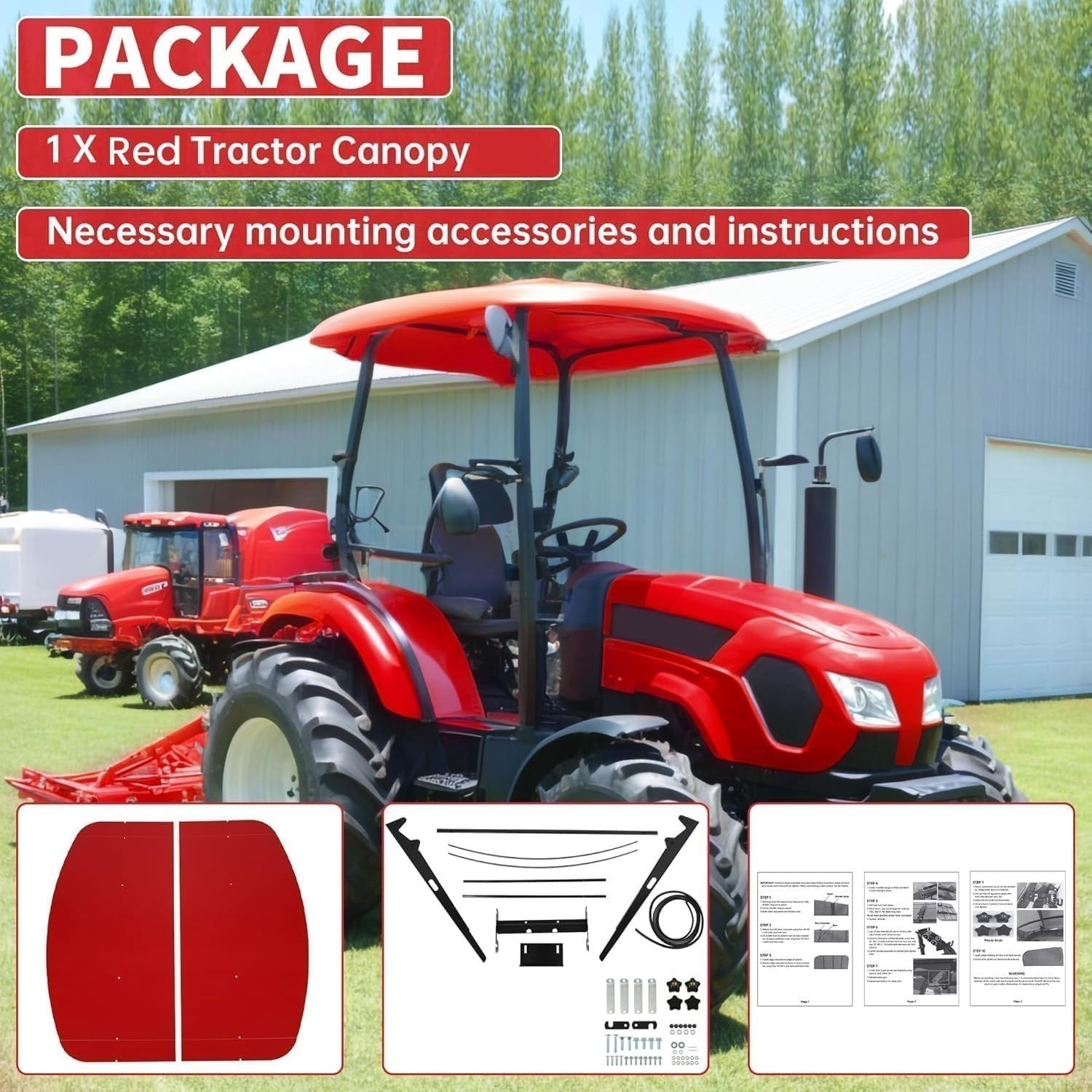 Sun Shield Tuff Top Tractor Canopy Kit For 2″ x 2″ or 2″ x 3″ ROPS 48″ X 52″-Red
